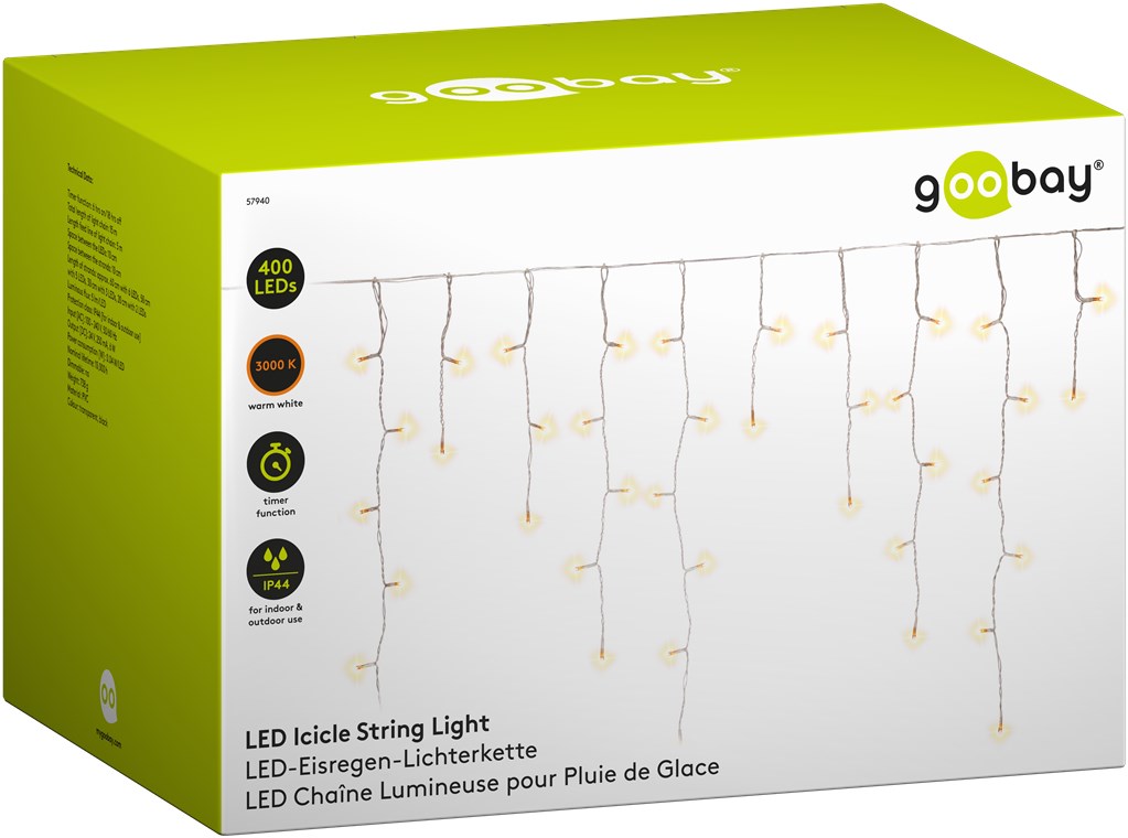 Goobay 400er LED-Eisregen-Lichterkette - mit Timer-Funktion und 24 V-Außentrafo, warm-weiß (3000 K), für den Innen- & Außenbereich (IP44)