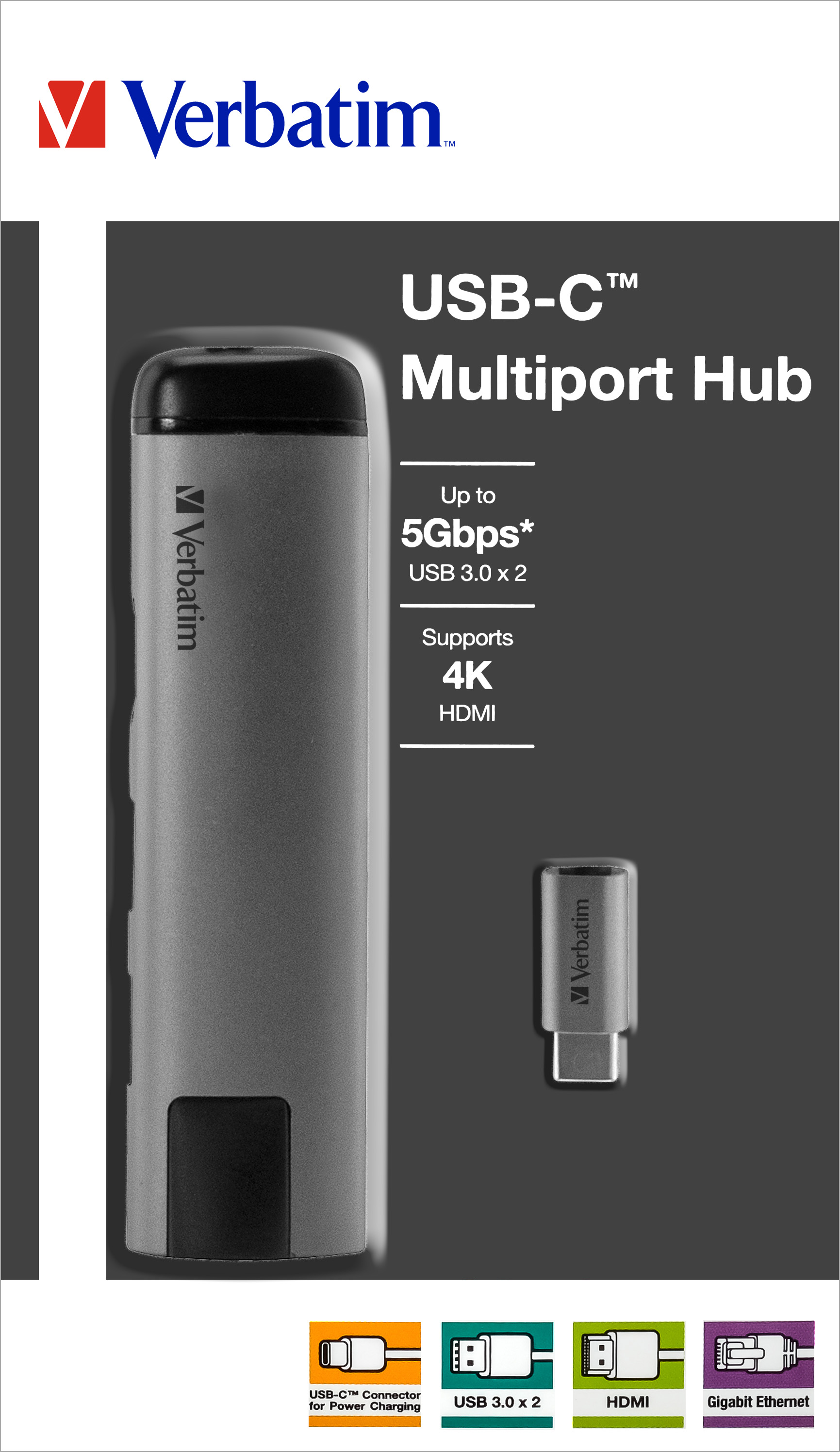 Verbatim Hub, USB 3.1-C, Multiport 2x USB 3.0, HDMI 4K, RJ45 Gigabit, Power Charge, USB-C Kabel, 15cm, Retail