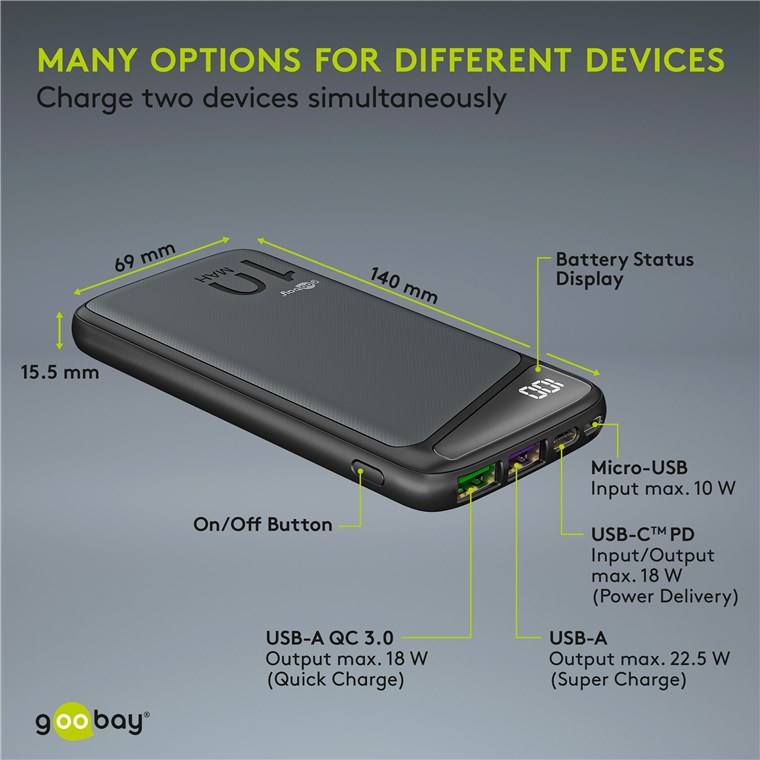 Goobay Schnelllade-Powerbank 10.000 mAh (USB-C™ PD, QC 3.0) - Leistungsstarke Powerbank mit Statusanzeige, Quick Charge-kompatibel