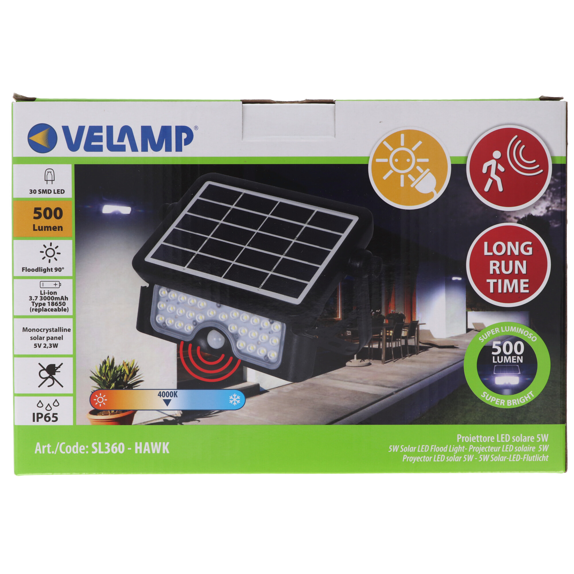 Velamp HAWK: LED-Projektor mit Solarladung 500 Lumen, ausrichtbar. Mit Bewegungsmelder