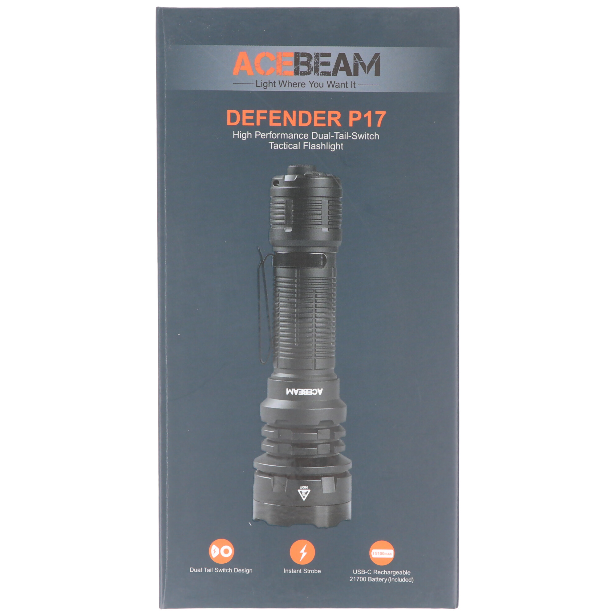 AceBeam P17, Defender P17, in vier Farben verfügbar, 4.900 Lumen, kaltweiß mit 6.500K, inklusive 21700 Li-Ion Akku mit USB-C Ladeanschluss