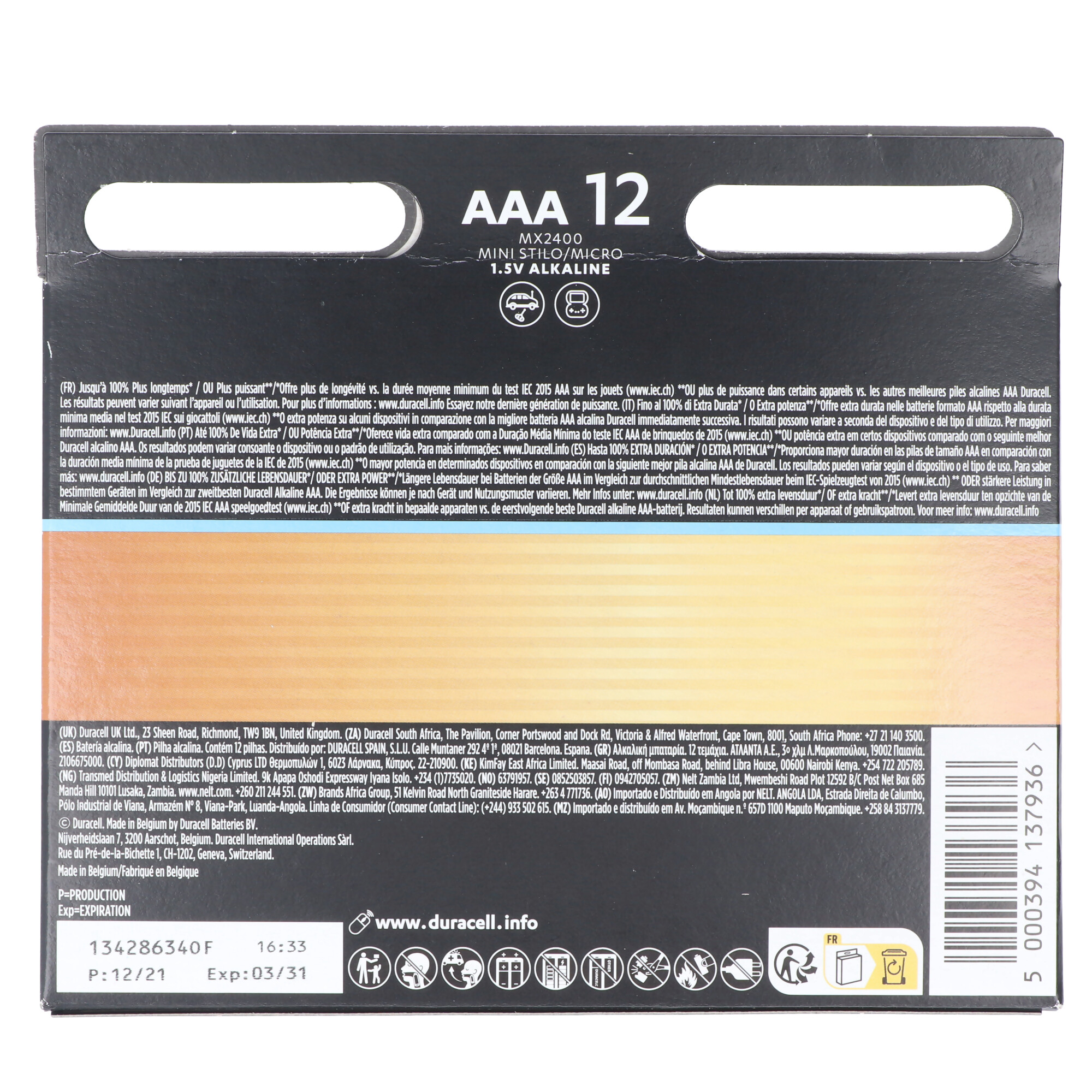 Duracell Optimum AAA Mignon Alkaline-Batterien, 1.5V LR03 MX2400, 12er-Pack