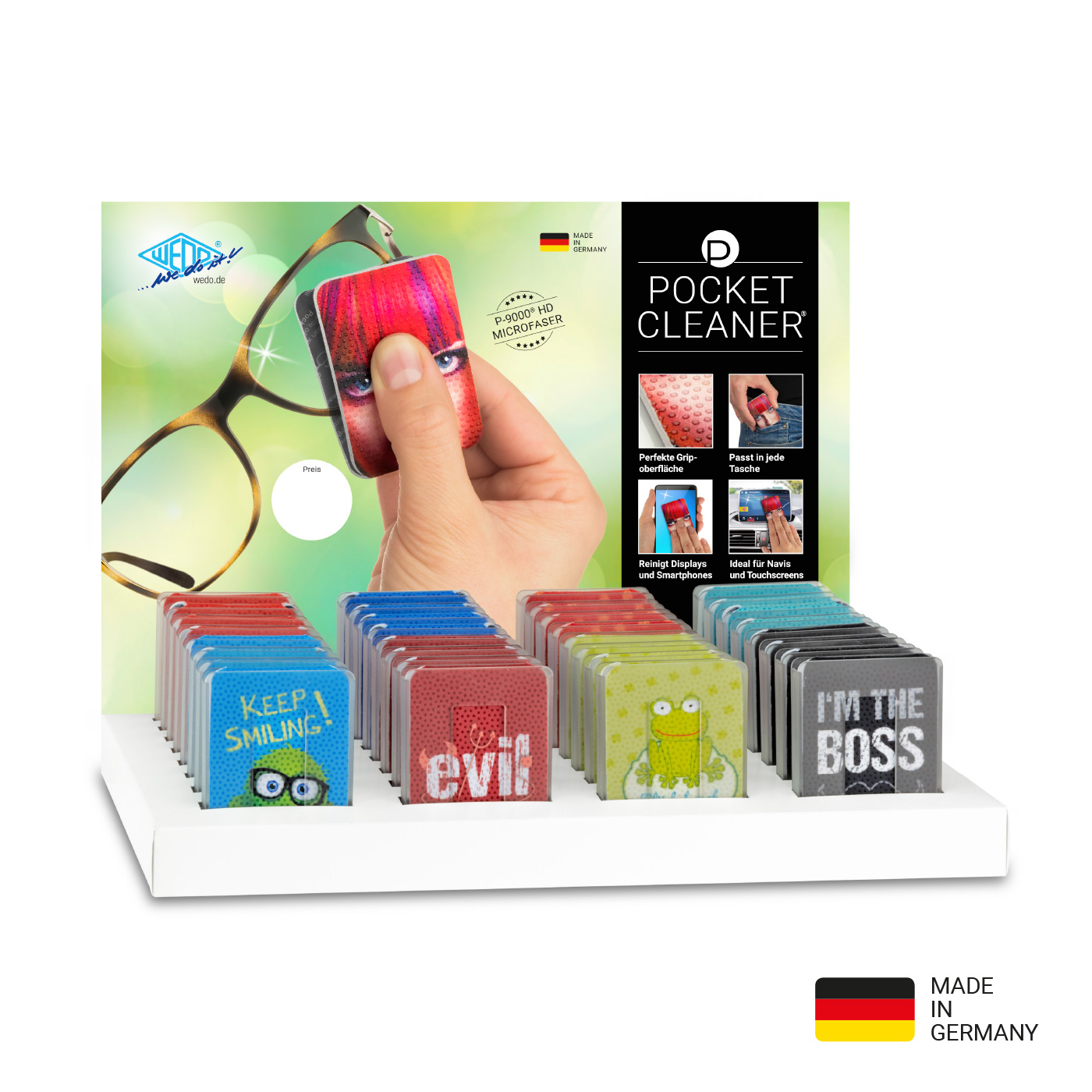 PocketCleaner Brillen-Putztuch, Smartphone- oder Tabletputztuch im Kunststoff-Etui, Design sortiert
