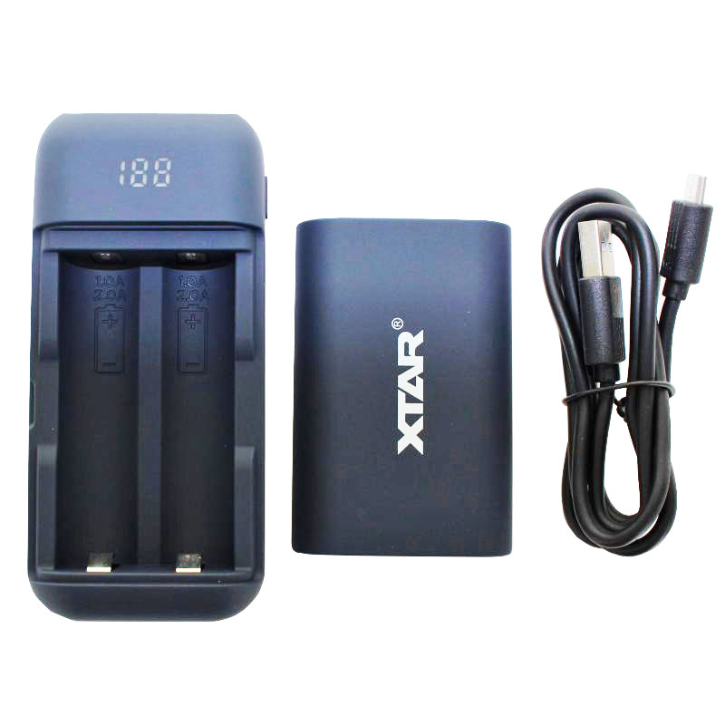 2fach USB-Schnell-Ladegerät und Powerbank für 18650er Li-Ion Akku mit max. 65mm Länge