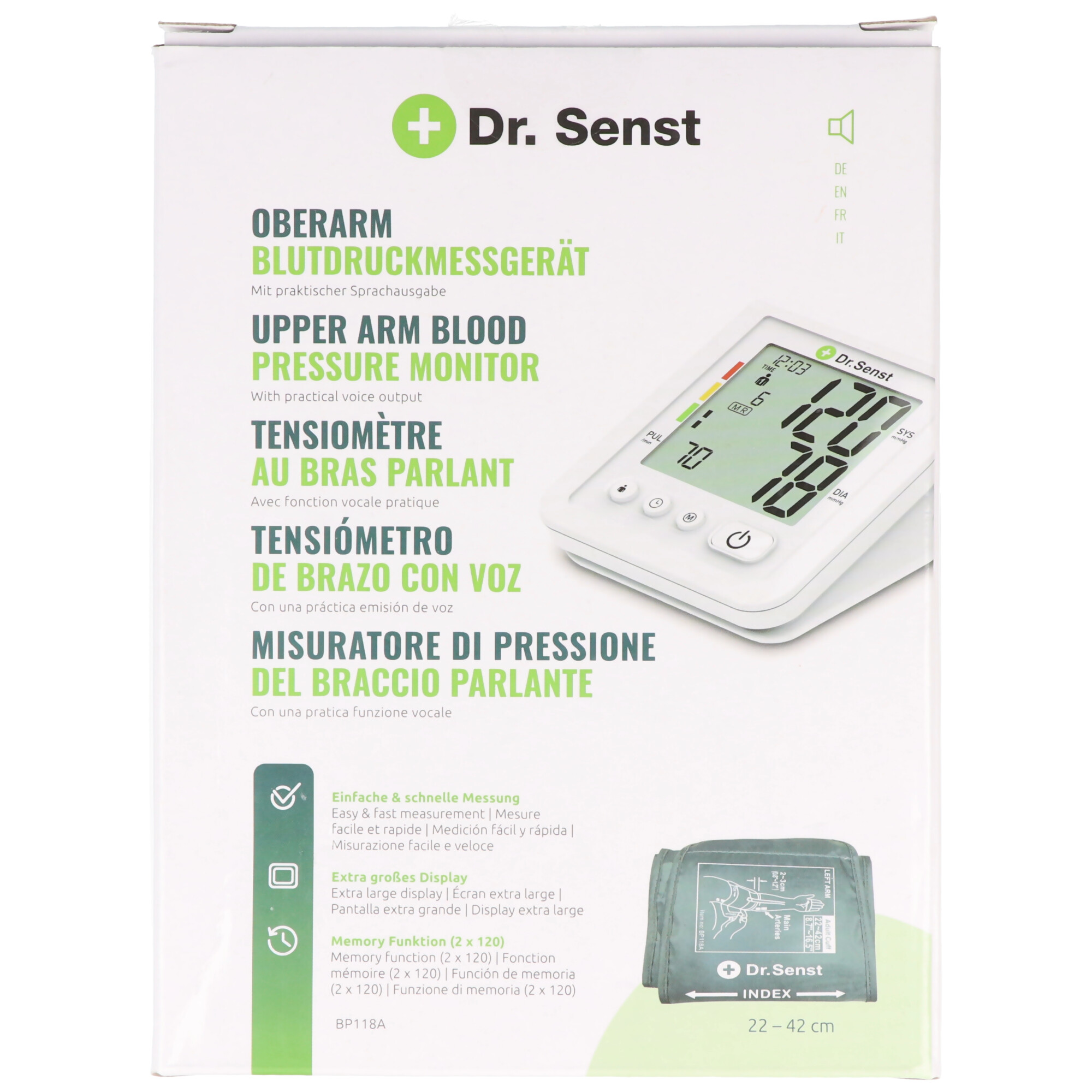 Dr. Senst® Oberarm-Blutdruckmessgerät BP118A mit Sprachausgabe | AKP-710302