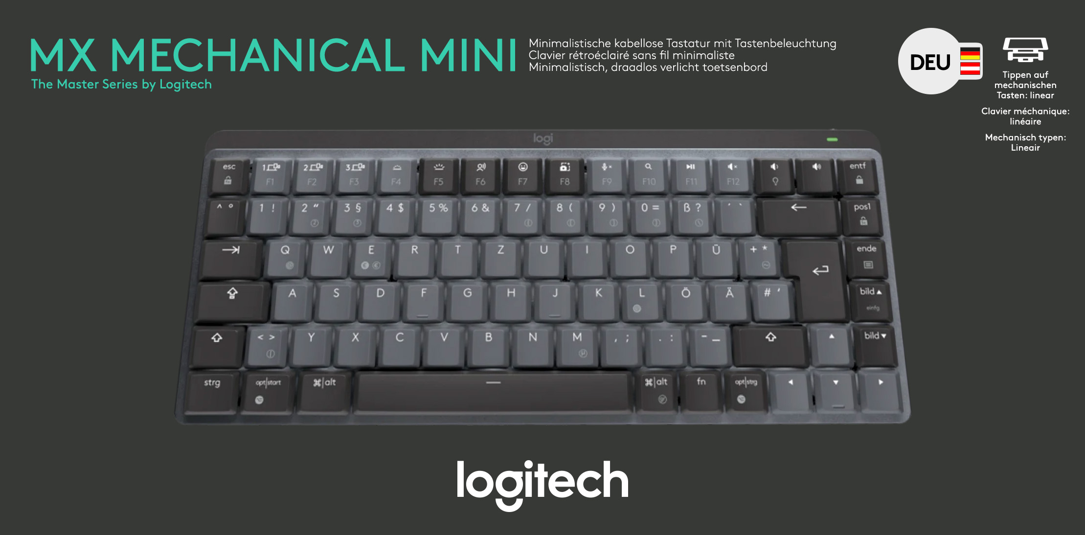 Logitech Tastatur MX Mechanical Mini, Wireless, Bolt, Bluetooth Illuminated, Linear,, Akku, DE, grafit, Retail