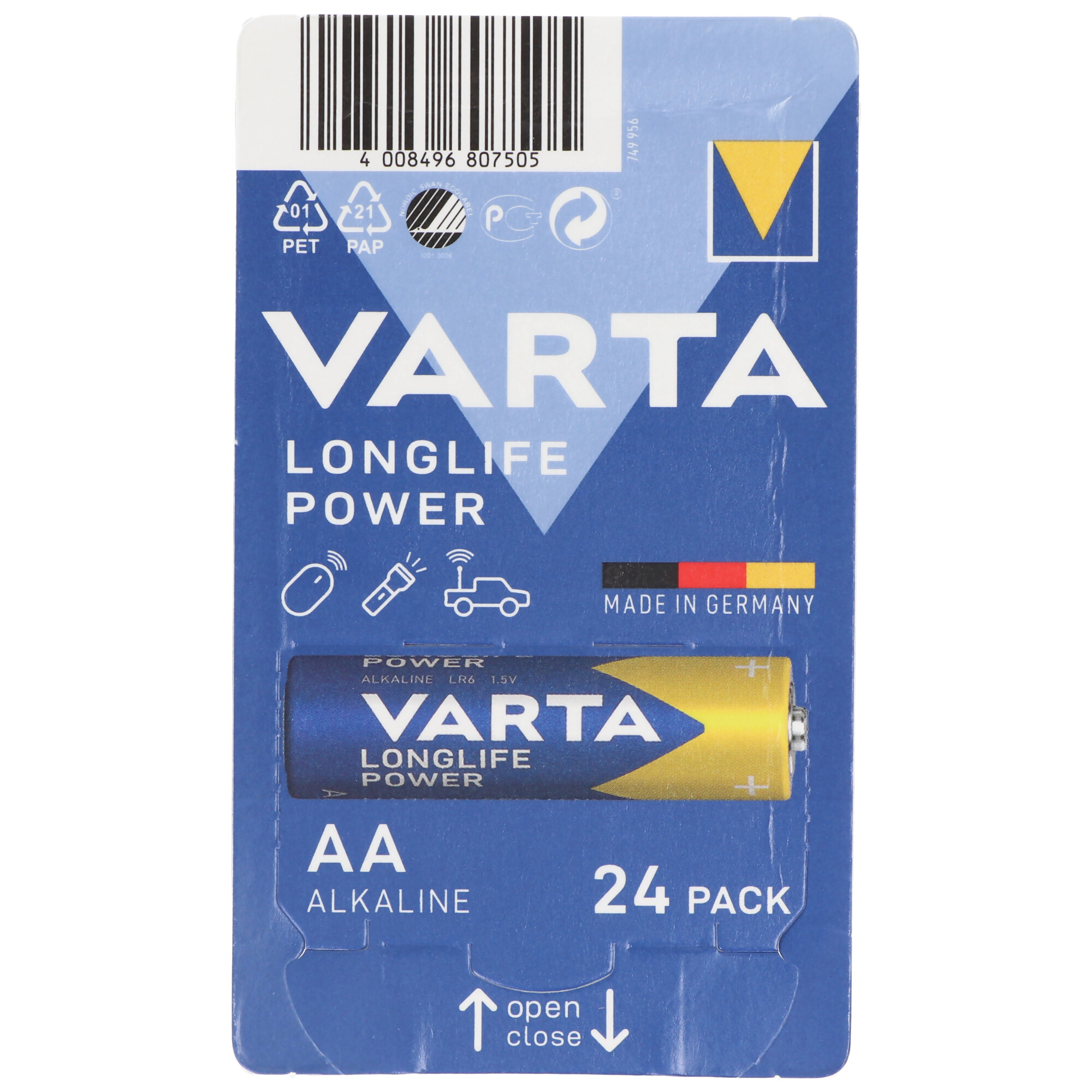 Varta Batterie Alkaline, Mignon, AA, LR06, 1.5V Longlife Power, Retail Box (24-Pack)