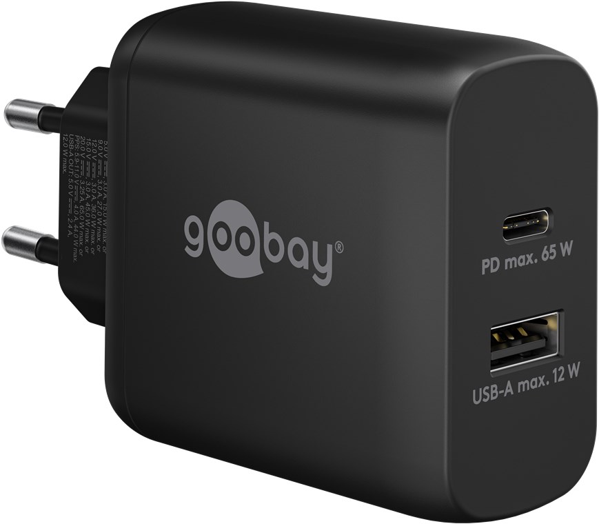 Goobay USB-C™ PD Dual-Schnellladegerät (65 W) schwarz - 1x USB-C™-Anschluss (Power Delivery) und 1x USB-A-Anschluss - schwarz