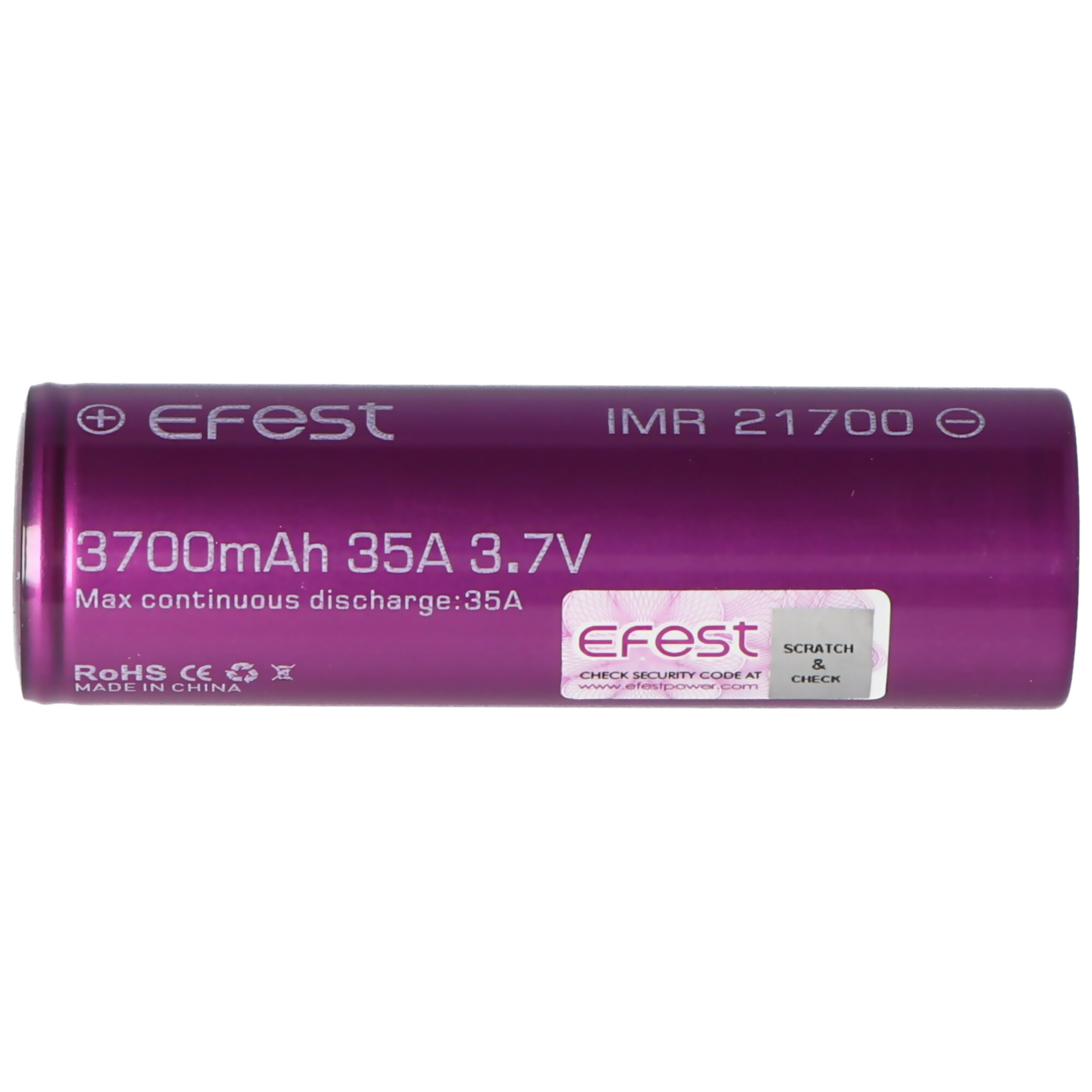 Efest IMR21700 - 3700mAh Li-Ion-Akku, 3,6V - 3,7V min. 3630mAh typ. 3700mAh maximal 30A Stromabgabe (Flat Top), 21,6mm x 70,1mm