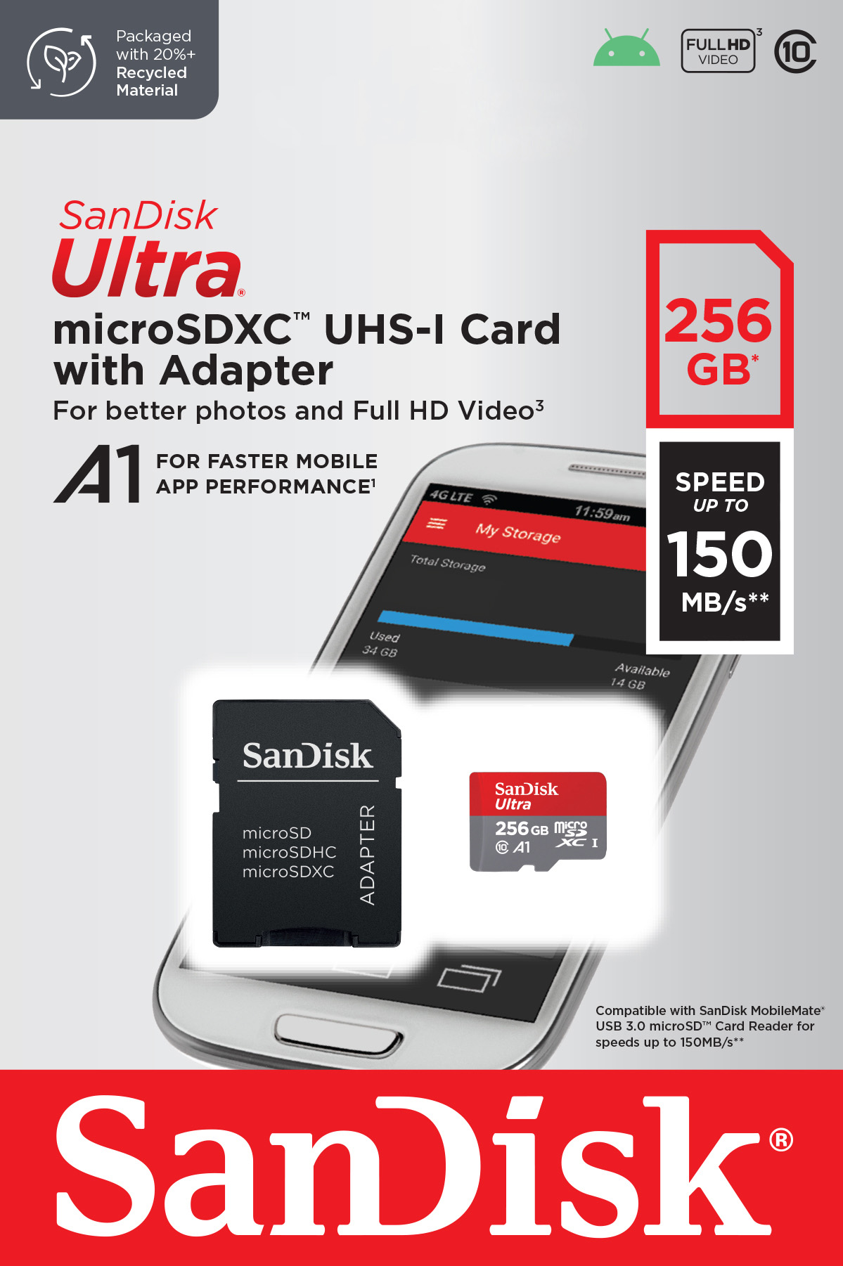 Sandisk microSDXC Card 256GB, Ultra, Class 10, U1, A1 (R) 150MB/s, SD Adapter, Retail-Blister