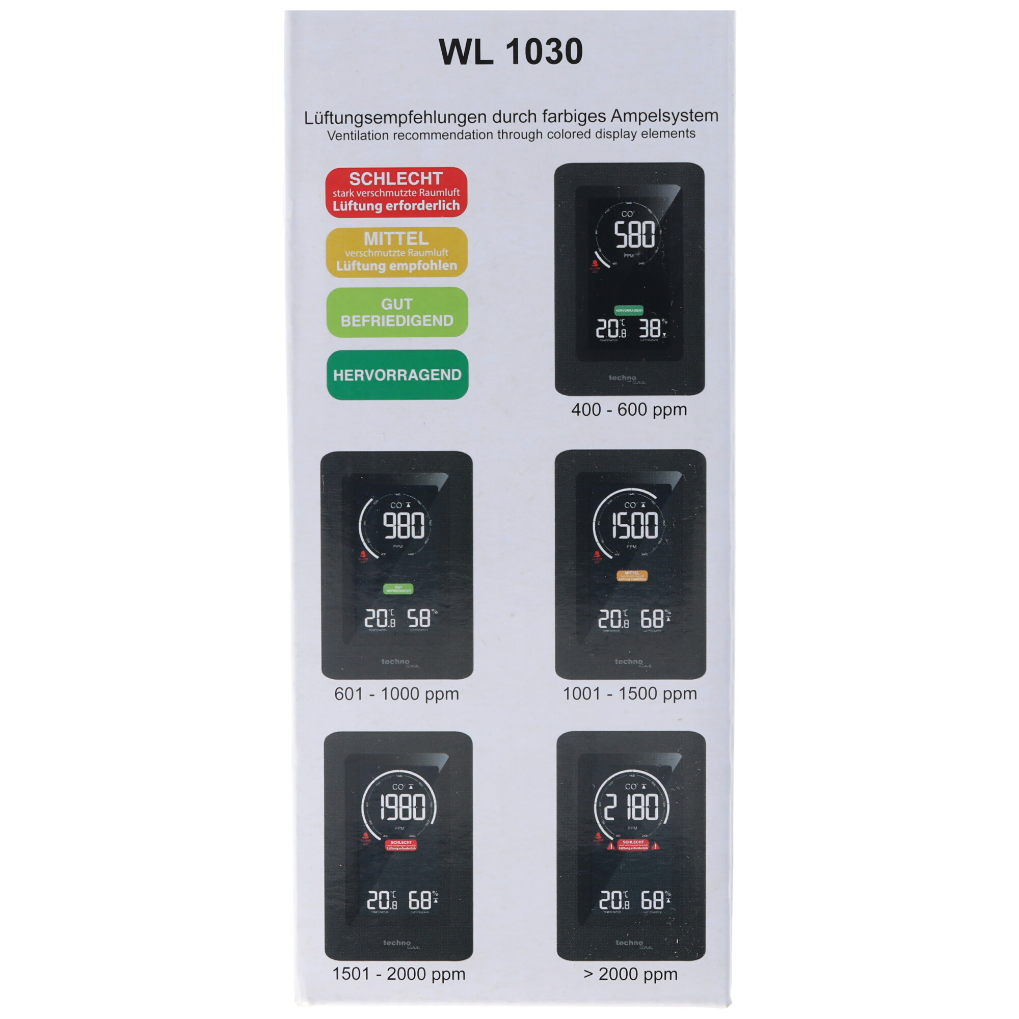 WL 1030 - Luftgütemonitor, Messbereich 400 bis 5000ppm, Anzeige in °C oder °F, überwach Raumluftqualität