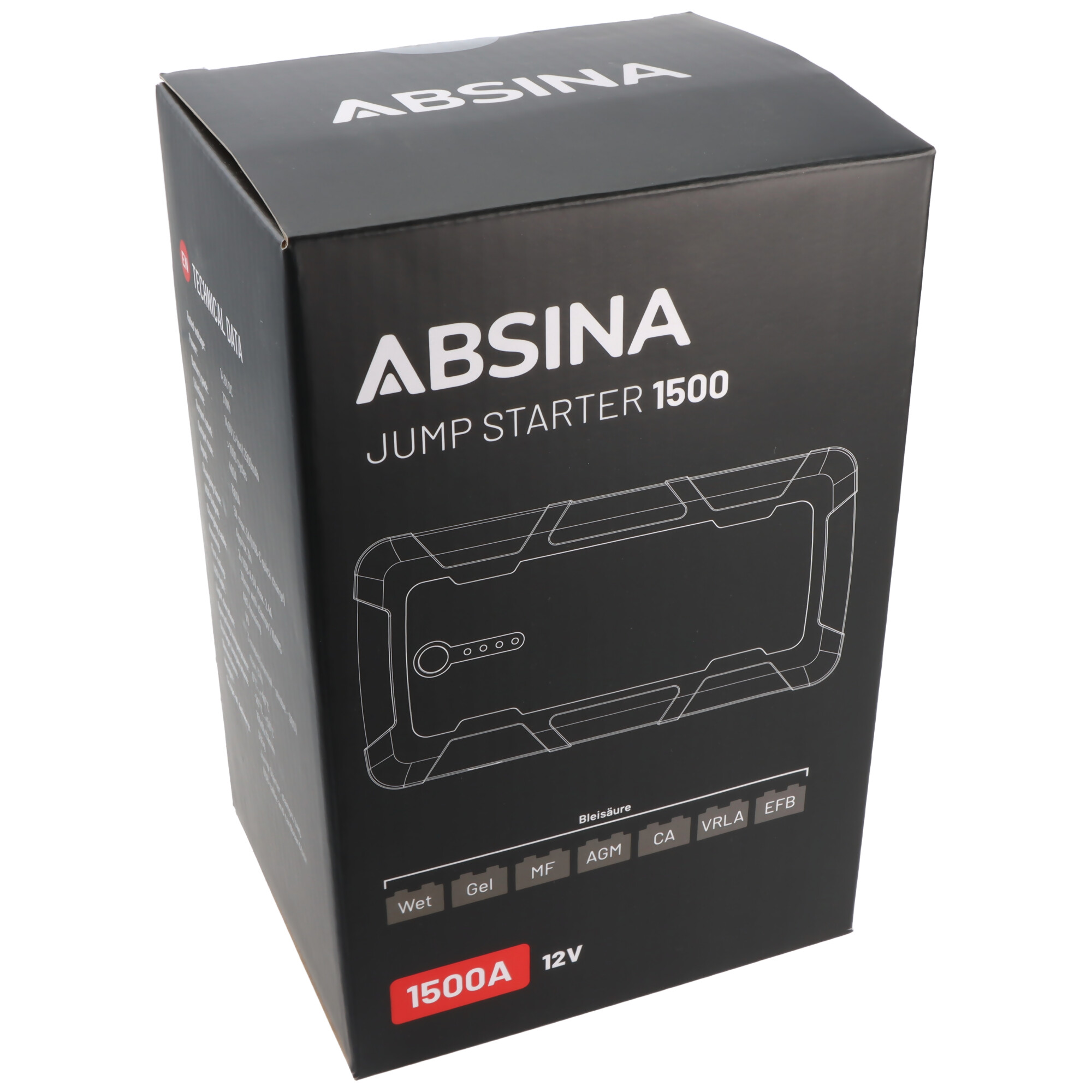 Absina Jumpstarter 1500, KFZ-Starthilfe-Powerakku mit Powerbank-Funktion und LED-Licht, ideal für PKW, Motorrad, Boot