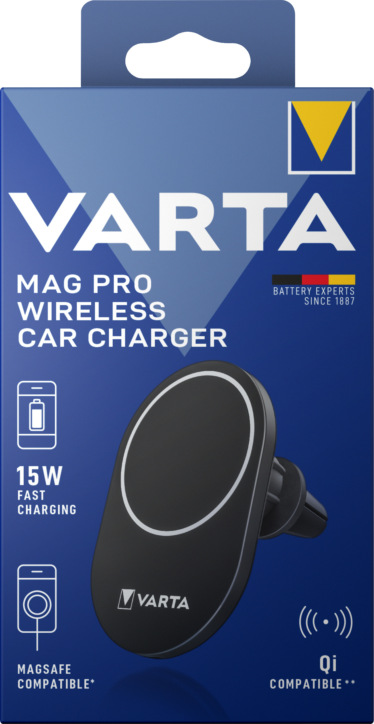 Varta Fast Wireless Charger, KFZ, Qi, 5V/9V/12V, schwarz Kabel USB Typ-C-C, 1m, schwarz, Retail Blister