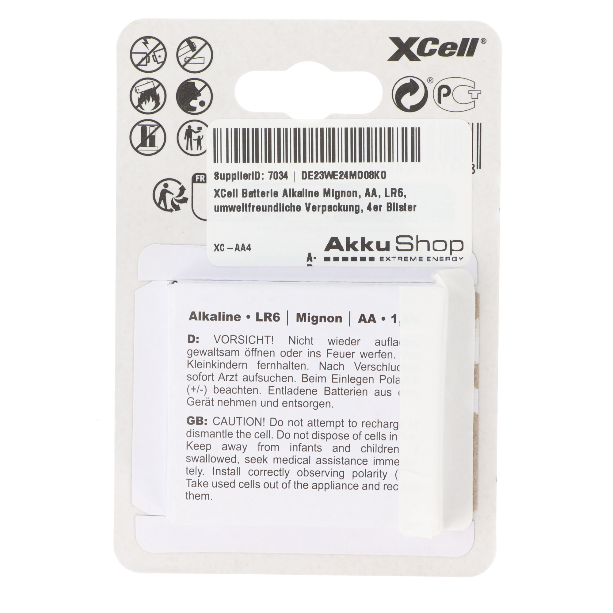 XCell Batterie Alkaline Mignon, AA, LR6, umweltfreundliche Verpackung, 4er Blister