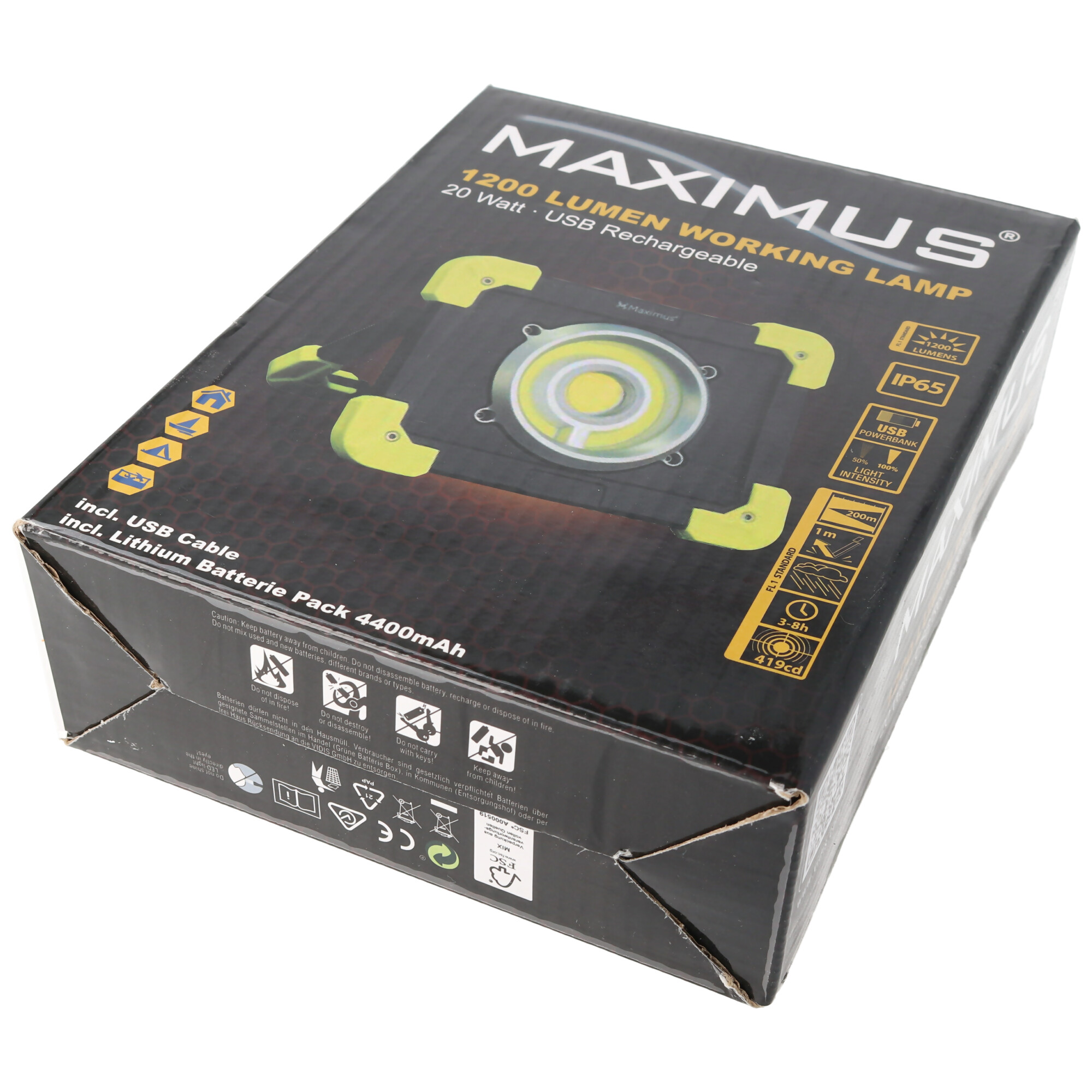 LED Baustrahler 20W max. 350lm im Kunststoffgehäuse schwarz, gelb inklusive 4400mAh Li-Ion Akku und USB-Ladekabel