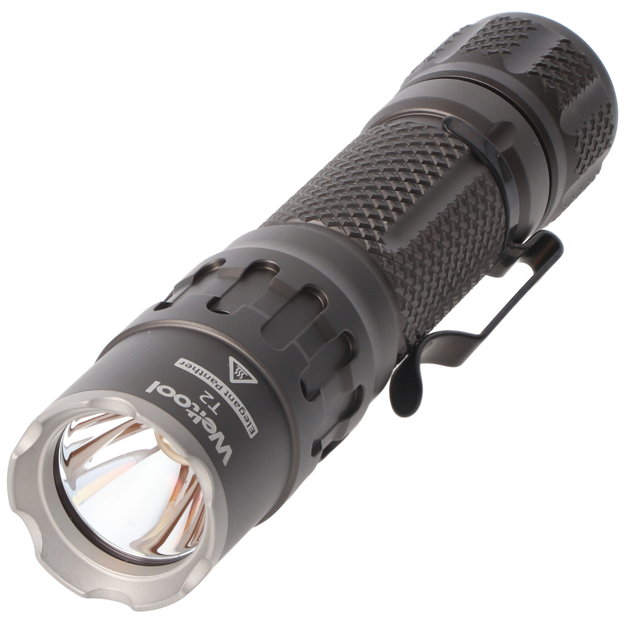 Weltool T2 leistungsstarke und kompakte LED-Taschenlampe mit 1.730 Lumen, Farbe grau, Kühlstruktur mit Durchgangsbohrungen am Lampenkopf, inkl. Akku und Ladegerät