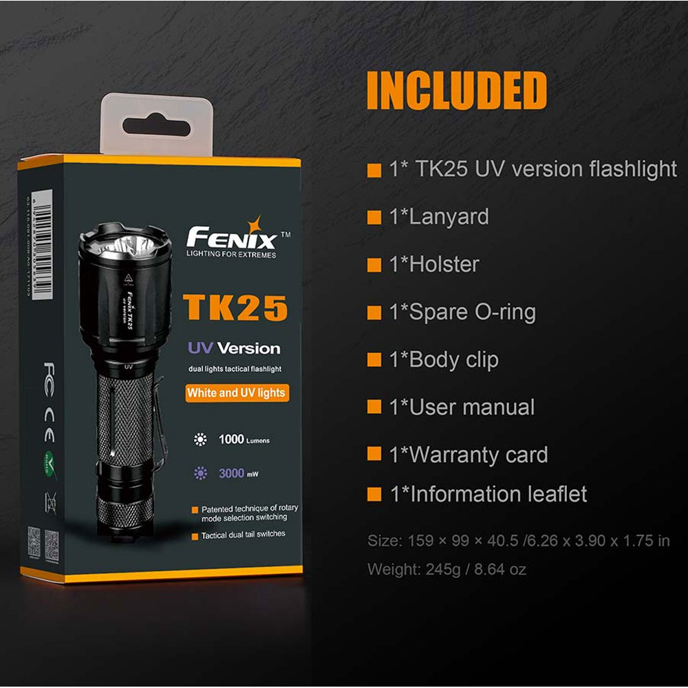 Fenix TK25UV LED-Taschenlampe mit weißer LED und UV LED Licht, Lieferung ohne Akku oder Batterien