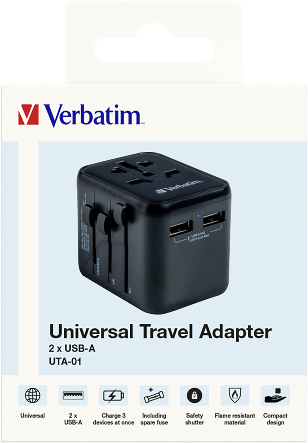 Verbatim Ladeadapter, Universal Travel, UTA-01, schwarz 100-250V, 2x USB Typ-A, Retail