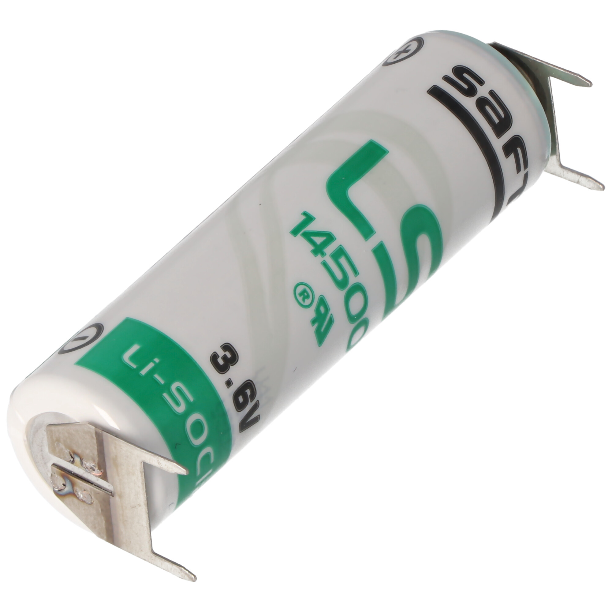 Saft LS14500 AA Lithium Batterie 3,6 Volt mit Printanschluss, LS14500 LiSOCI2 2600mAh 2er Print - / 2er Print +