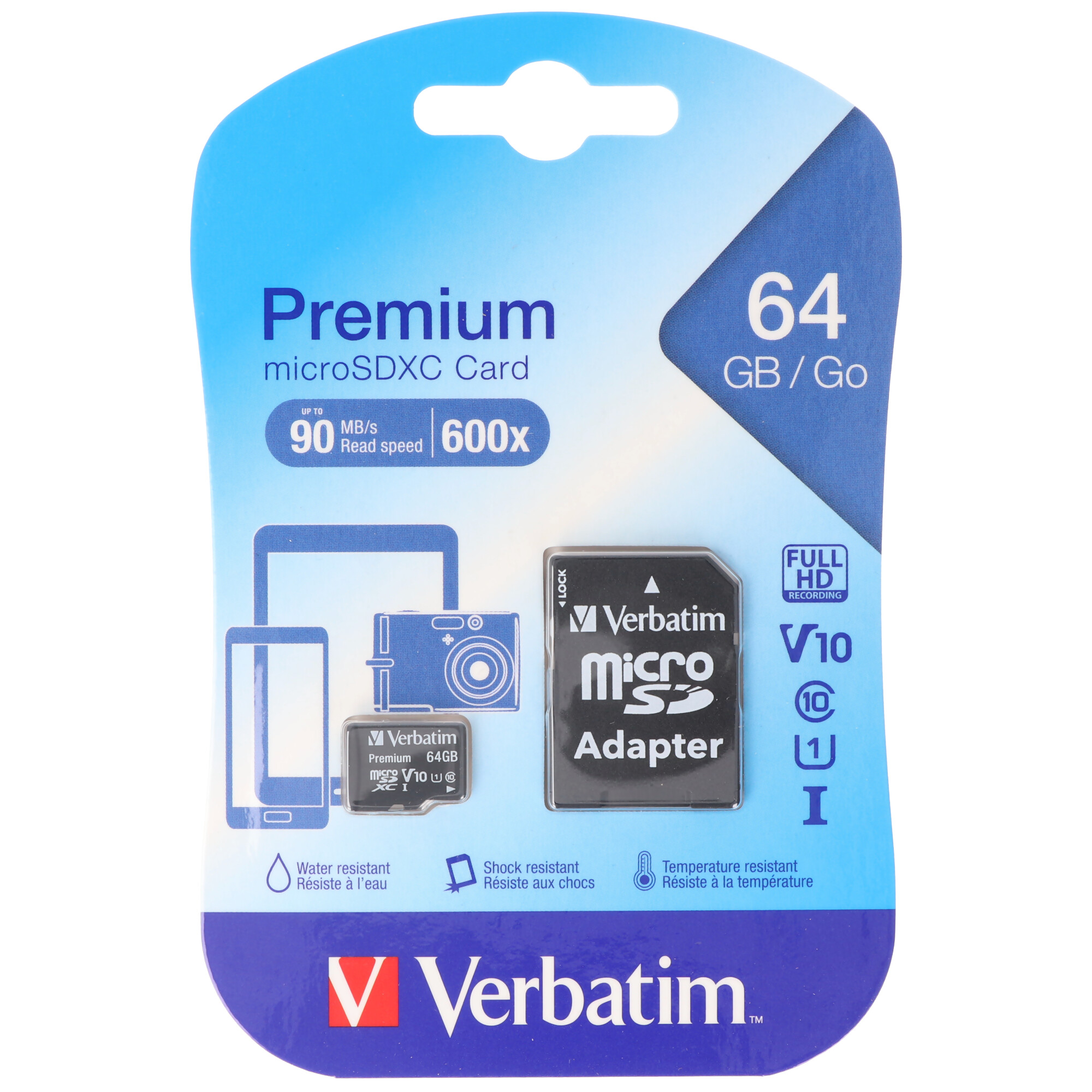 Verbatim microSDXC Card 64GB, Premium, Class 10, U1 (R) 90MB/s, (W) 10MB/s, SD Adapter, Retail-Blister