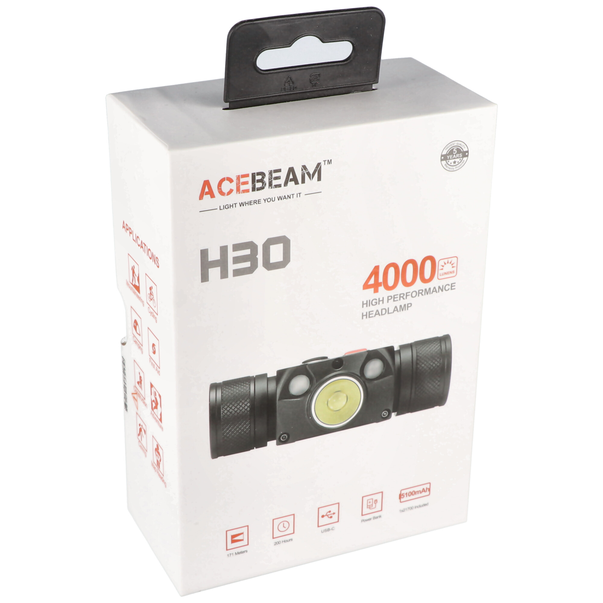 AceBeam H30 LED-Stirnleuchte max. 4000 Lumen, inklusive Akku, mit Rotlicht