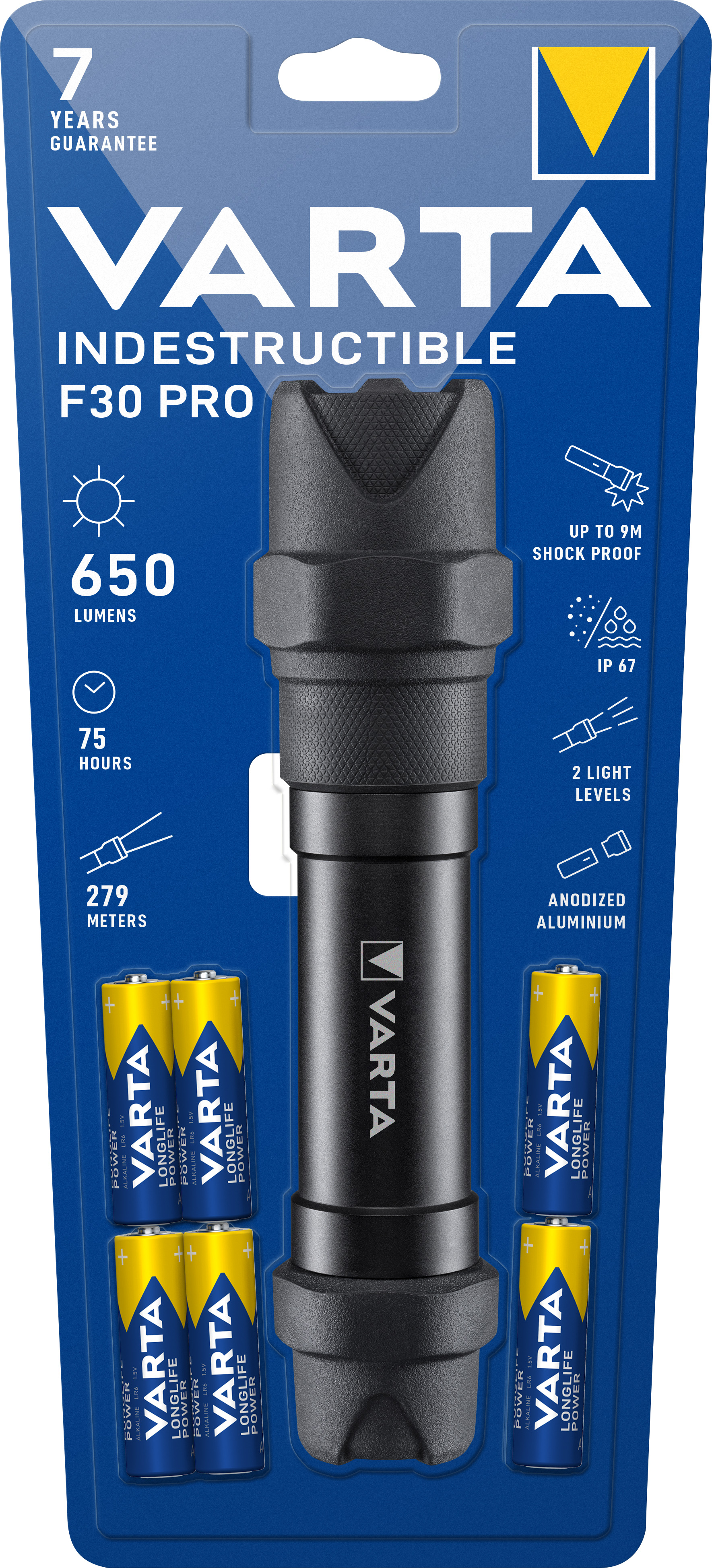 Varta LED Taschenlampe Indestructible, F30 Pro 650lm, inkl. 6x Batterie Alkaline AA, Retail Blister