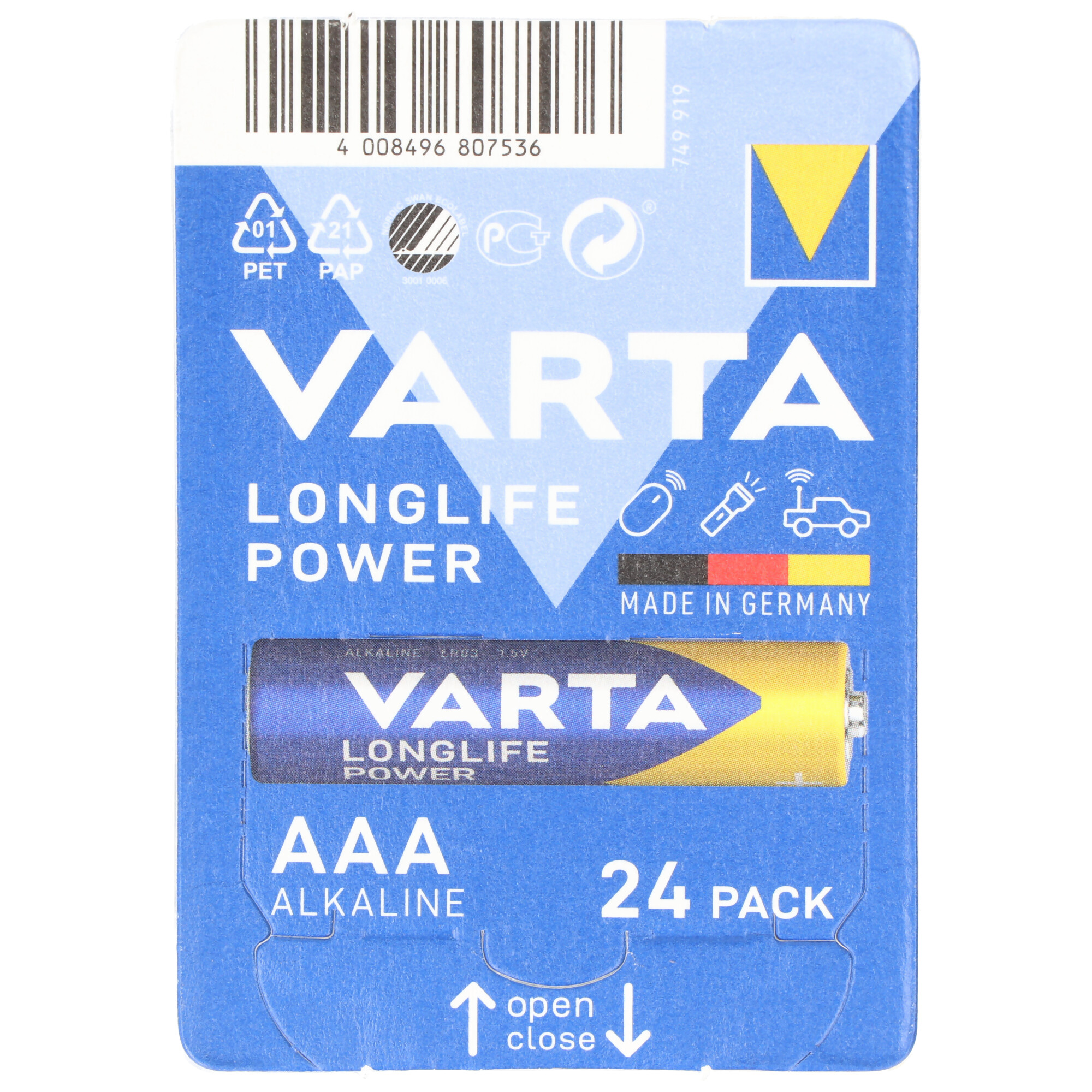 Varta Batterie Alkaline, Micro, AAA, LR03, 1.5V Longlife Power, Retail Box (24-Pack)