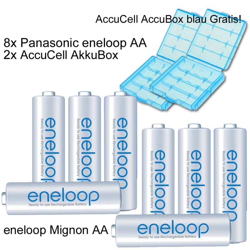8er Pack Panasonic eneloop Standard Akkus Mignon AA Akku Batterien mit blauer Akkubox