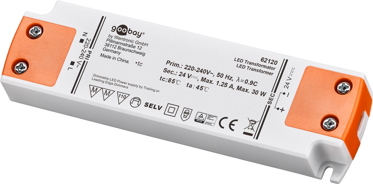 Goobay LED-Trafo 24 V/30 W - dimmbar, 24 V Gleichspannung (DC) für LEDs bis 30 W Gesamtlast