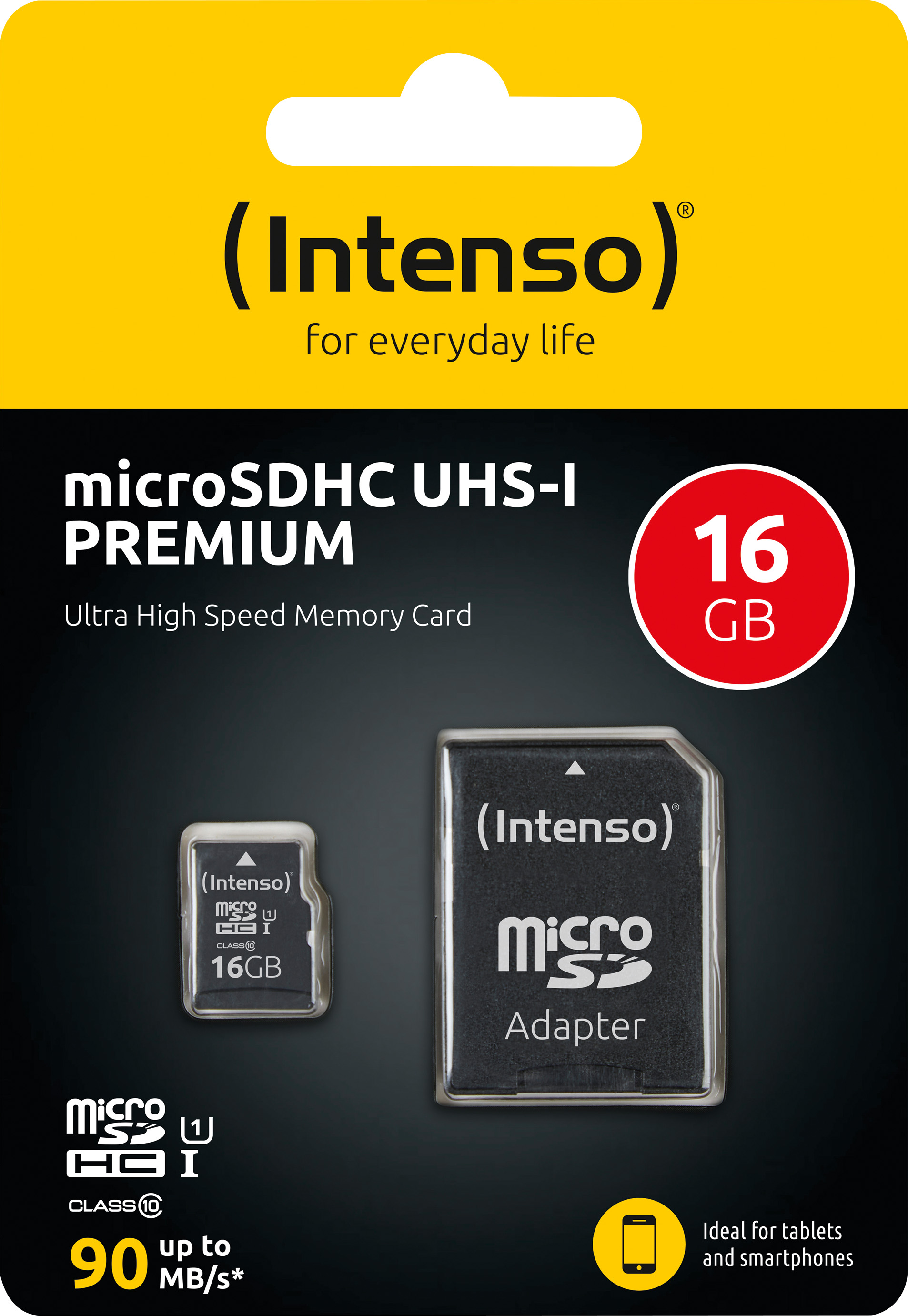 Intenso microSDHC Card 16GB, Premium, Class 10, U1 (R) 90MB/s, (W) 10MB/s, SD-Adapter, Retail-Blister