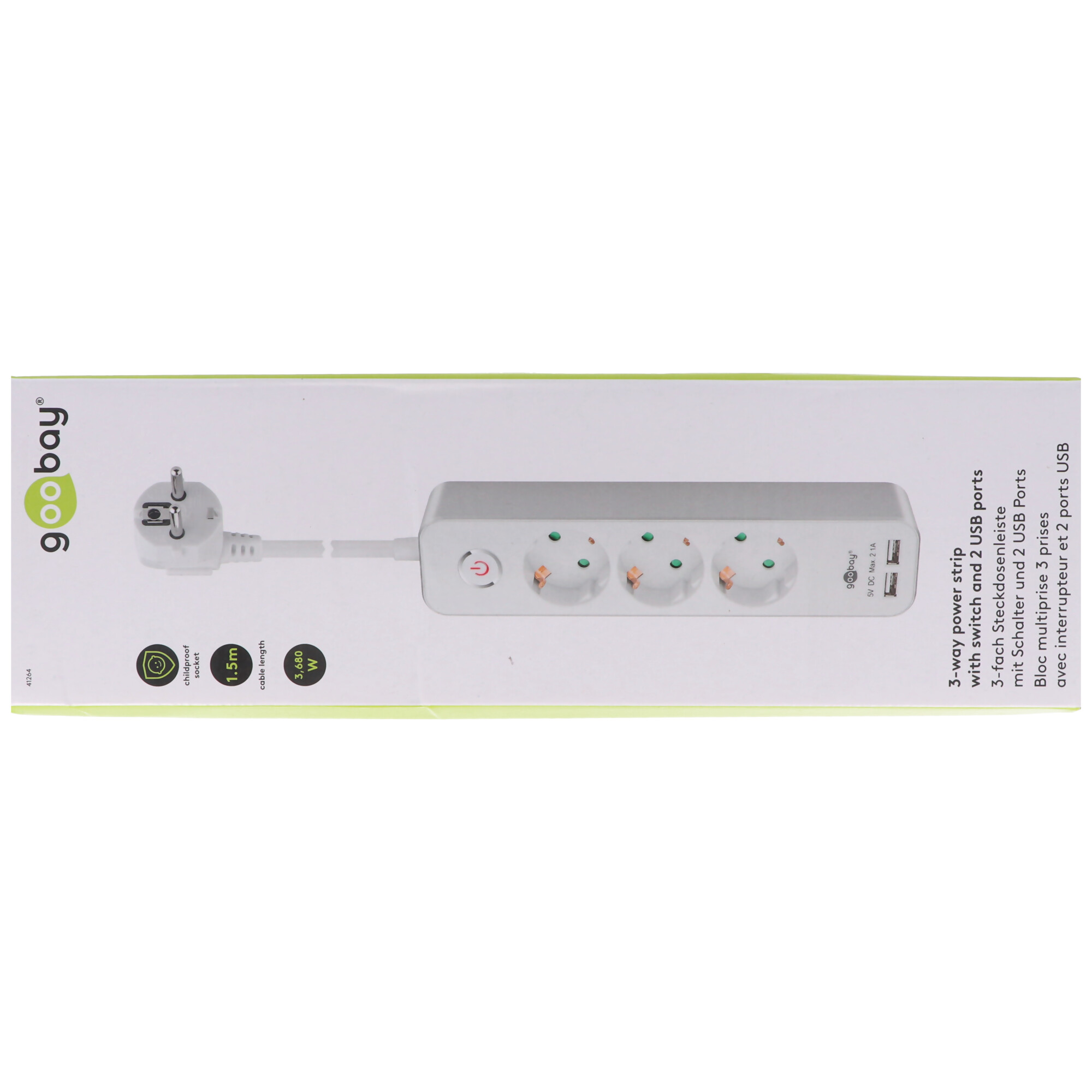 3-fach Steckdosenleiste mit Schalter und 2 USB Ports, zum Anschluss von bis  zu drei Elektrogeräten und zwei USB-Geräten, mit Kindersicherung,  Kabellänge 1,5m, (Funk)Steckdosenleisten, Netzteile, Steckdosen und USB