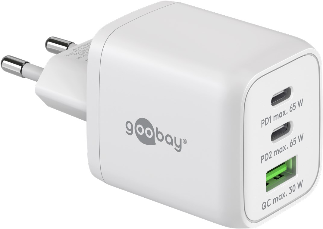 Goobay USB-C™ PD Multiport-Schnellladegerät Nano (65 W) weiß - 2x USB-C™-Anschlüsse (Power Delivery) und 1x USB-A-Anschluss (Quick Charge 3.0) - weiß