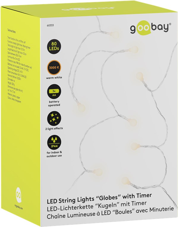Goobay 80er LED-Lichterkette "Kugeln" - mit Timer-Funktion und 2 Leuchtmodi, warmweiß (3000 K), batteriebetrieben, IP44
