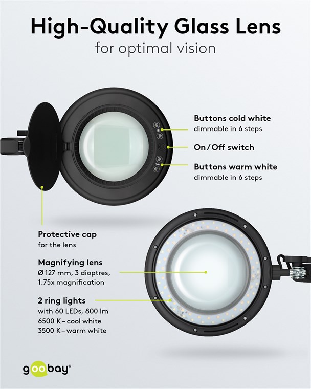Goobay LED-Klemm-Lupenleuchte, 10 W, schwarz - 800 lm, Helligkeit & Lichtfarbe einstellbar, 127 mm Glaslinse, 1,75-fache Vergrößerung, 3 Dioptrien