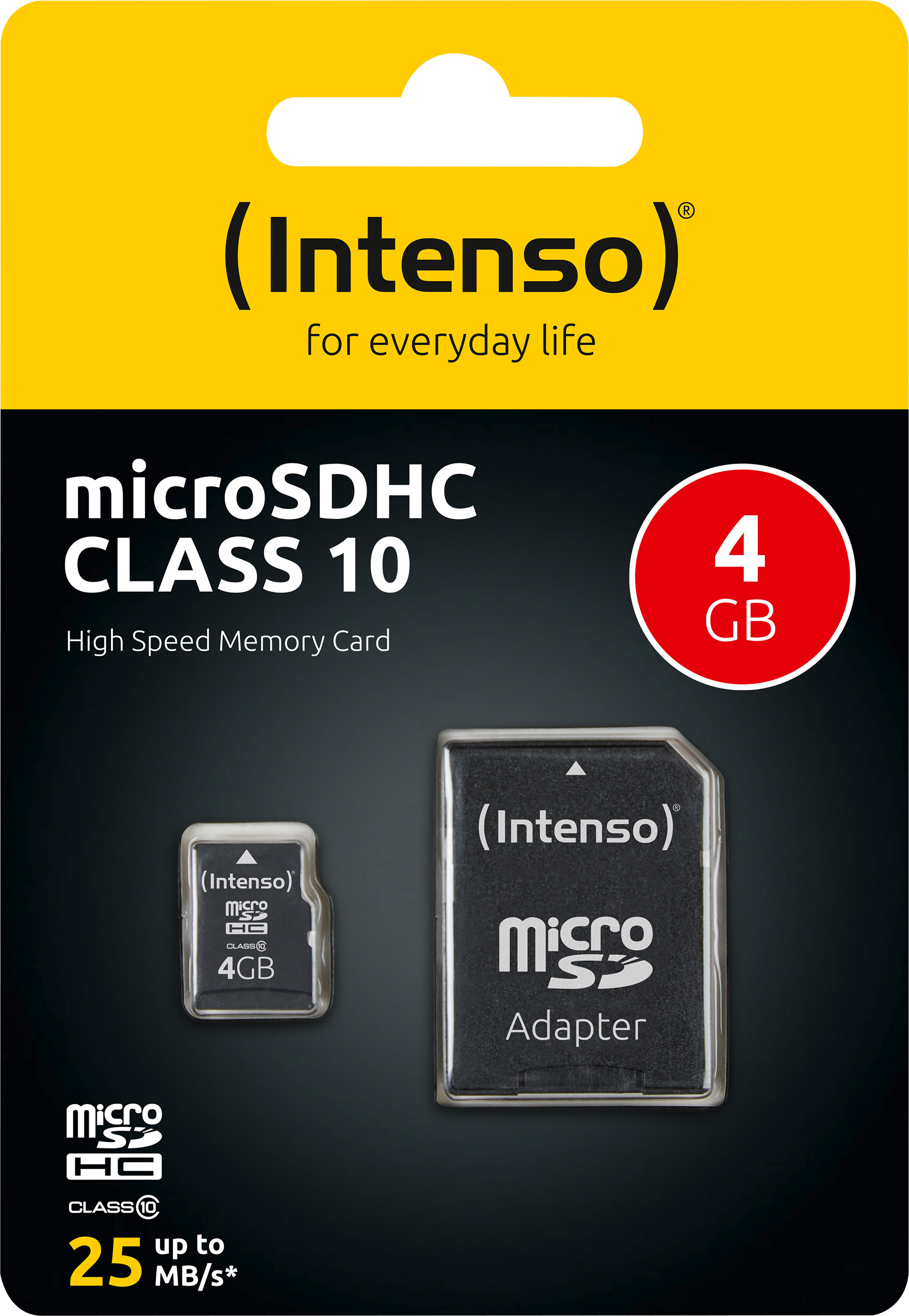 Intenso microSDHC Card 4GB, Class 10 (R) 25MB/s, (W) 10MB/s, SD-Adapter, Retail-Blister