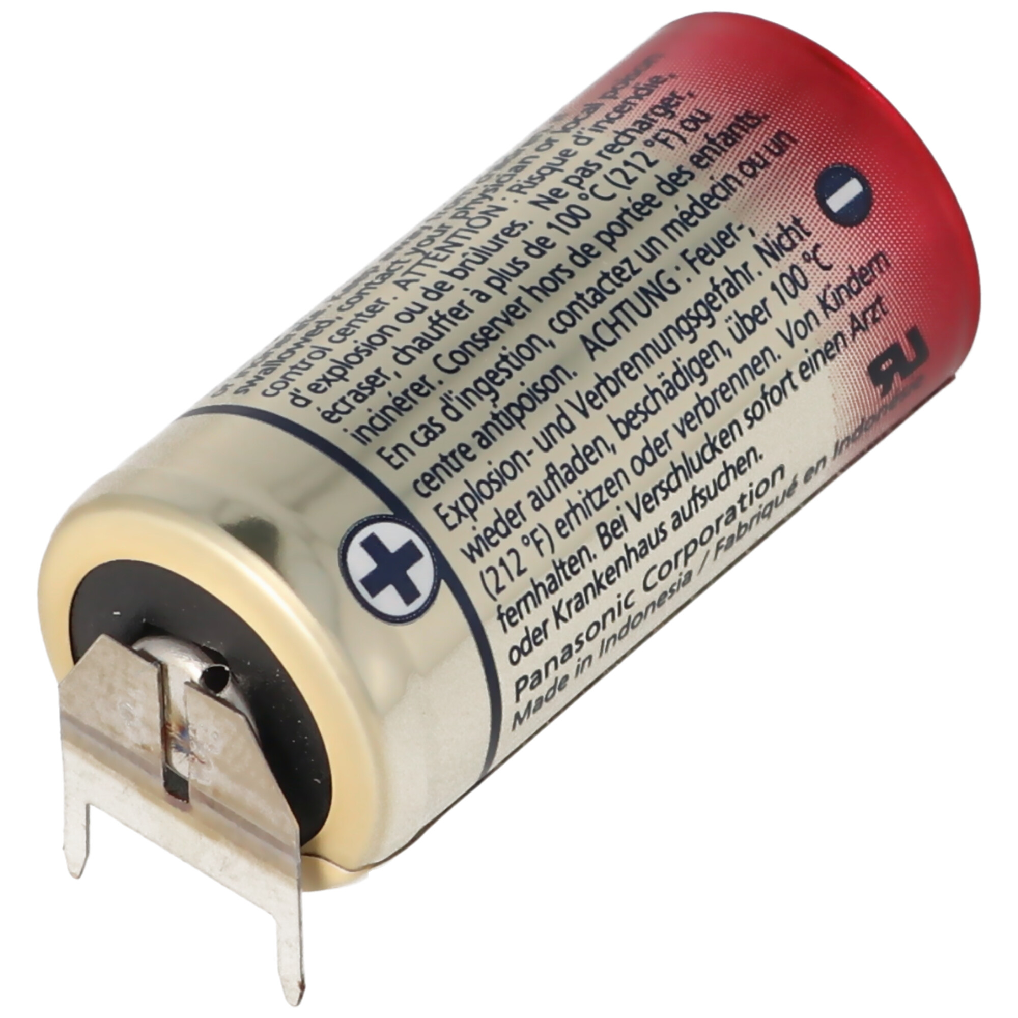 CR123A Batterie mit 3er Printanschluss 2er Print + 1er Print - Kontakten, Spannung 3 Volt Rastermaß 10mm