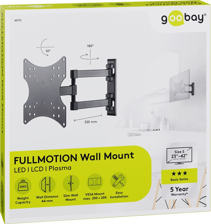 Goobay TV-Wandhalterung Basic FULLMOTION (S) - Halterung für Fernseher von 23 bis 42 Zoll (58-107cm), vollbewegliches Doppelarmgelenk (schwenkbar und neigbar) bis 20 kg