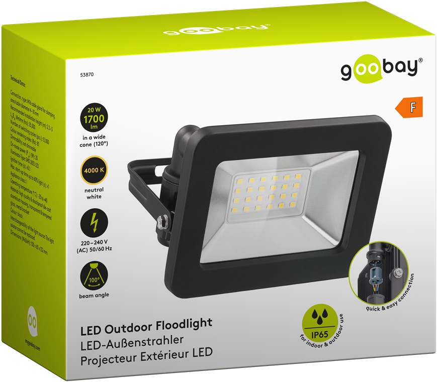 Goobay LED-Außenstrahler, 20 W - mit 1700 lm, neutralweißem Licht (4000 K) und M16-Kabelverschraubung, für den Außeneinsatz geeignet (IP65)