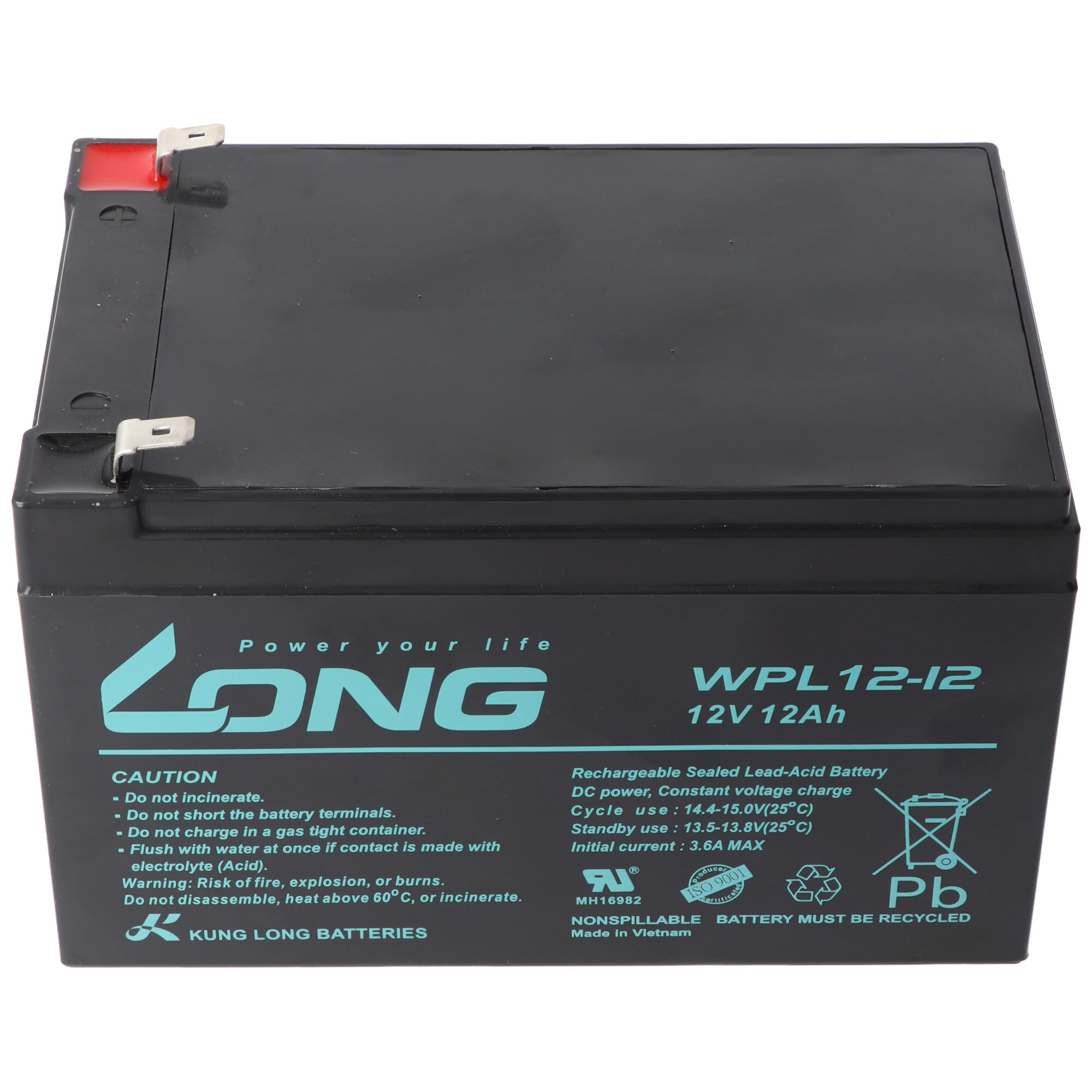 Kung Long WPL12-12 F2 Longlife Blei-Vlies-Akku, 12Volt, 12Ah mit 6,3mm Faston Anschluss