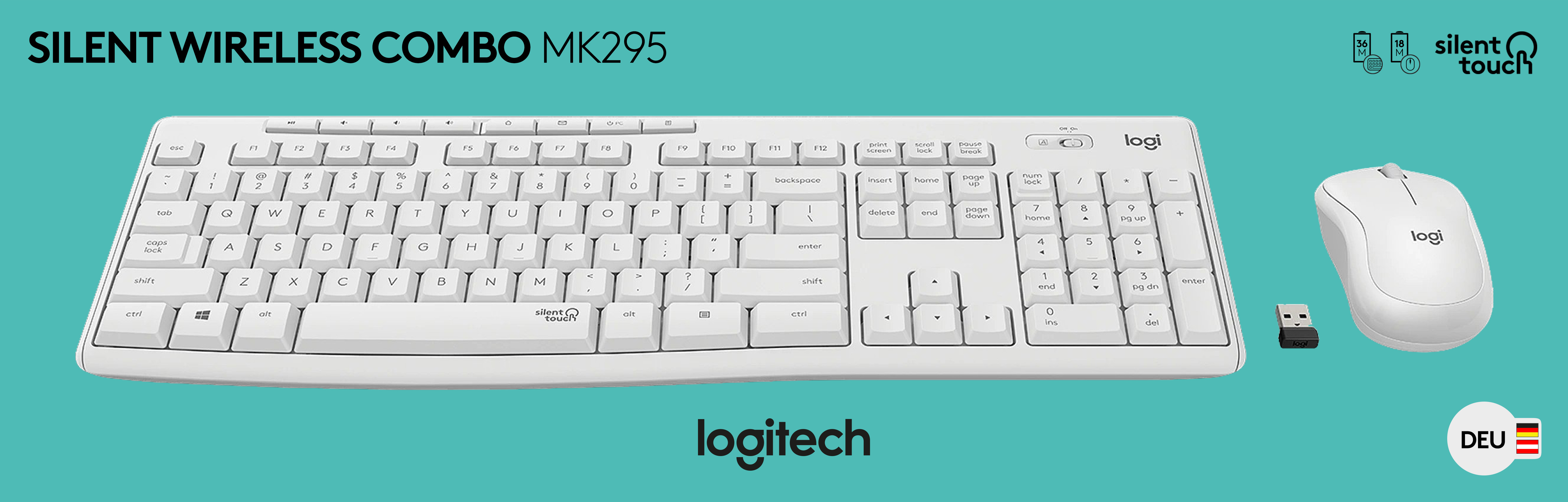 Logitech Tastatur/Maus Set MK295, Wireless, weiss Silent, DE, Optisch, 1000 dpi, Retail