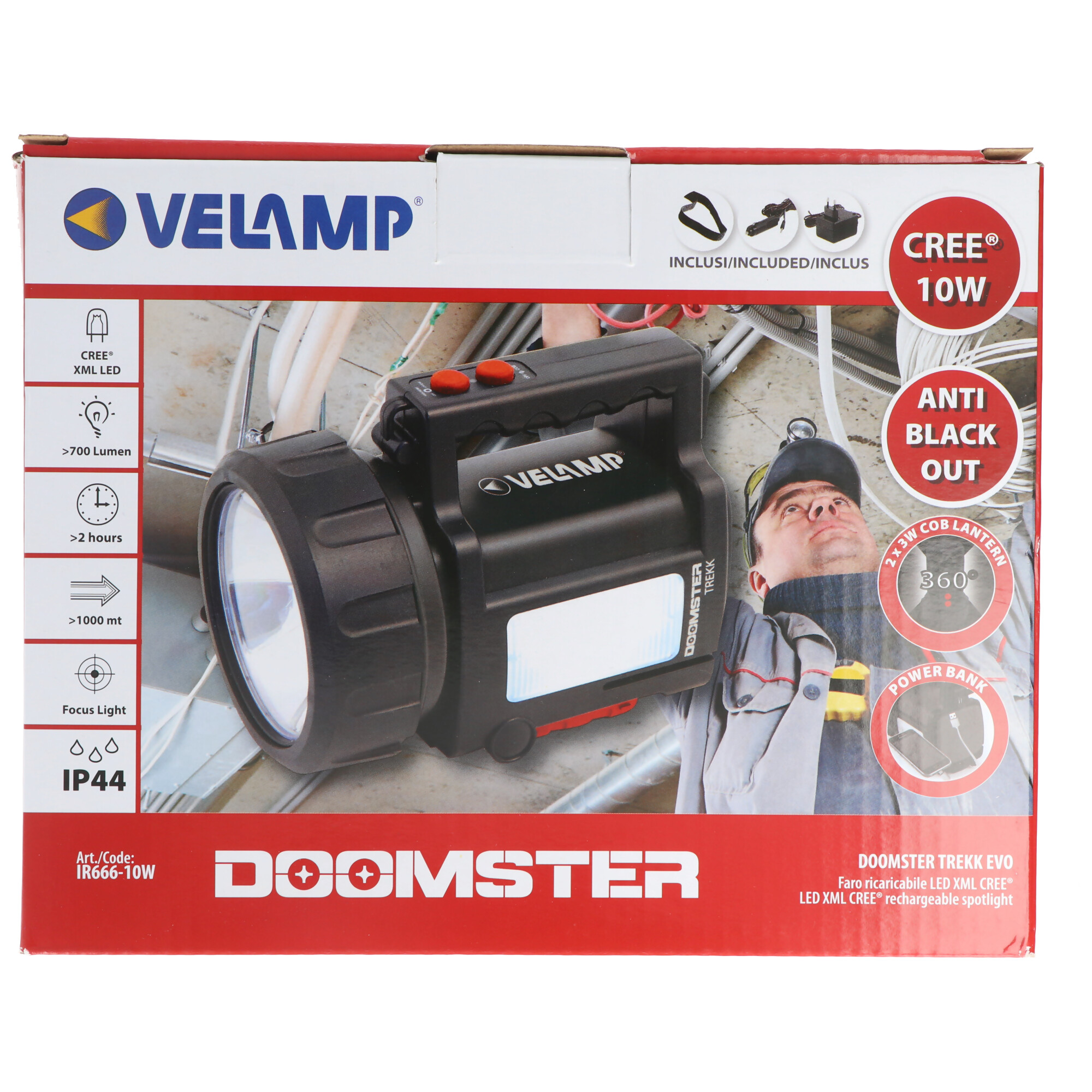Velamp DOOMSTER TREKK: Aufladbare Handleuchte anti blackout LED CREE 10W 735 Lum., power bank