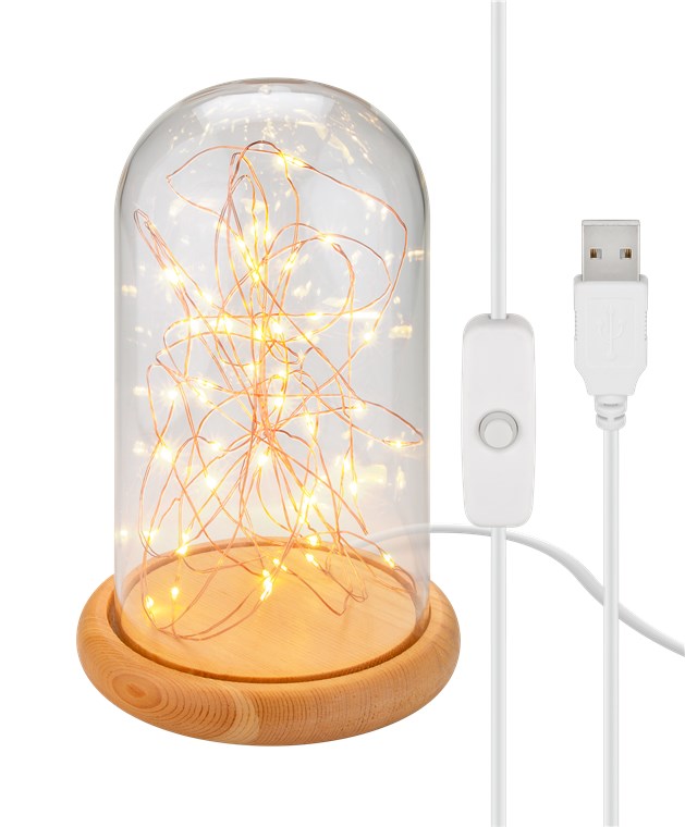 Glasglocke mit LED-Micro-Lichterkette - mit Holzsockel, USB-Kabel 115 cm, Lichterkette 5 m mit 50 Micro-LEDs in Warmweiß (2700 K) und Schalter (Ein/Aus)