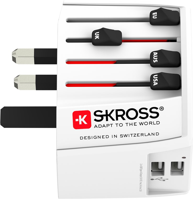Skross World Adapter MUV USB 2xA - Kompakter 2-poliger Weltreiseadapter  mit 2 integrierten USB-Anschlüsse