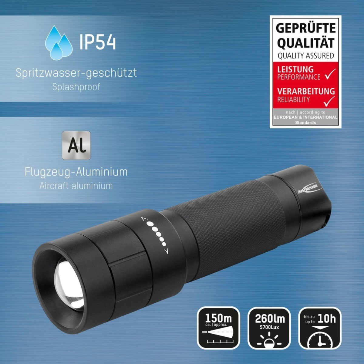 Ansmann M250F Professionelle LED-Taschenlampe mit der stufen- sowie endlosen Fokussierung
