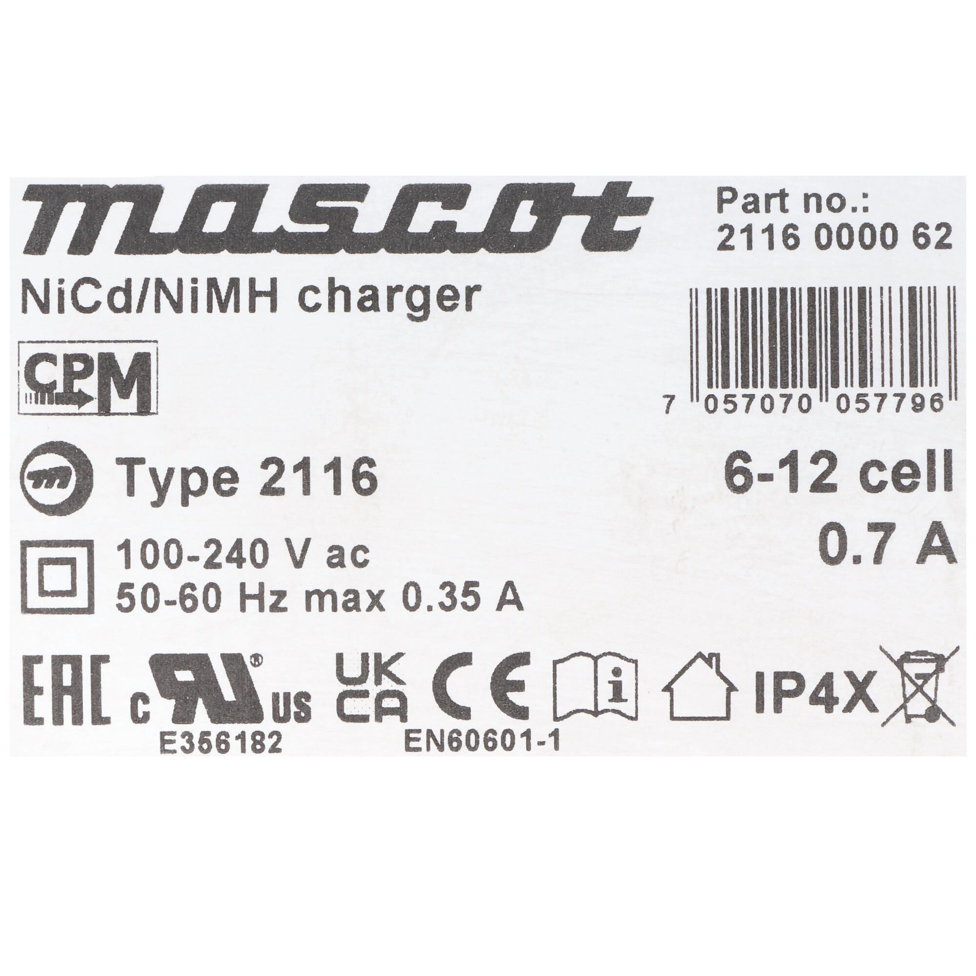 Mascot 2116 Ladegerät für NiCd-/NiMH-Akkupacks von 6-12 Zellen Ladestrom 0,7A