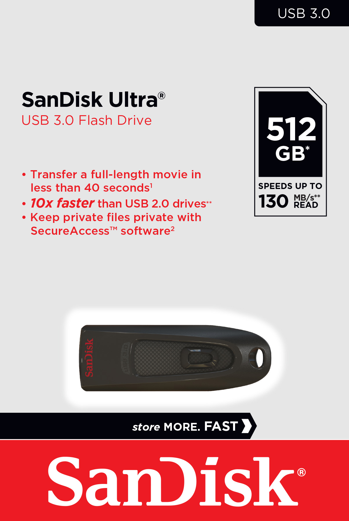 Sandisk USB 3.0 Stick 512GB, Ultra Typ-A, (R) 130MB/s, SecureAccess, Retail-Blister