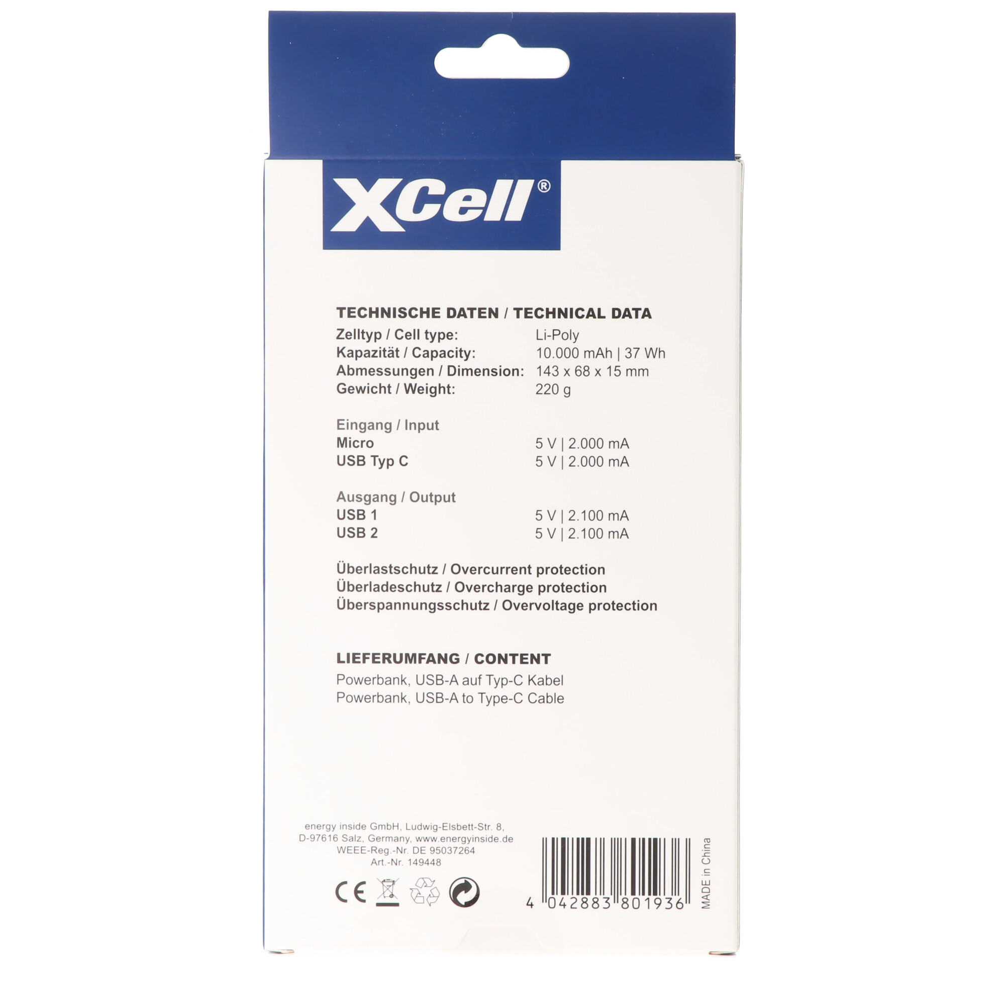 XCell Powerbank X10000 mit 10.000mAh Kapazität, schlankes Design, LED-Display, zweifacher USB-Ausgang, USB-C Ladeport