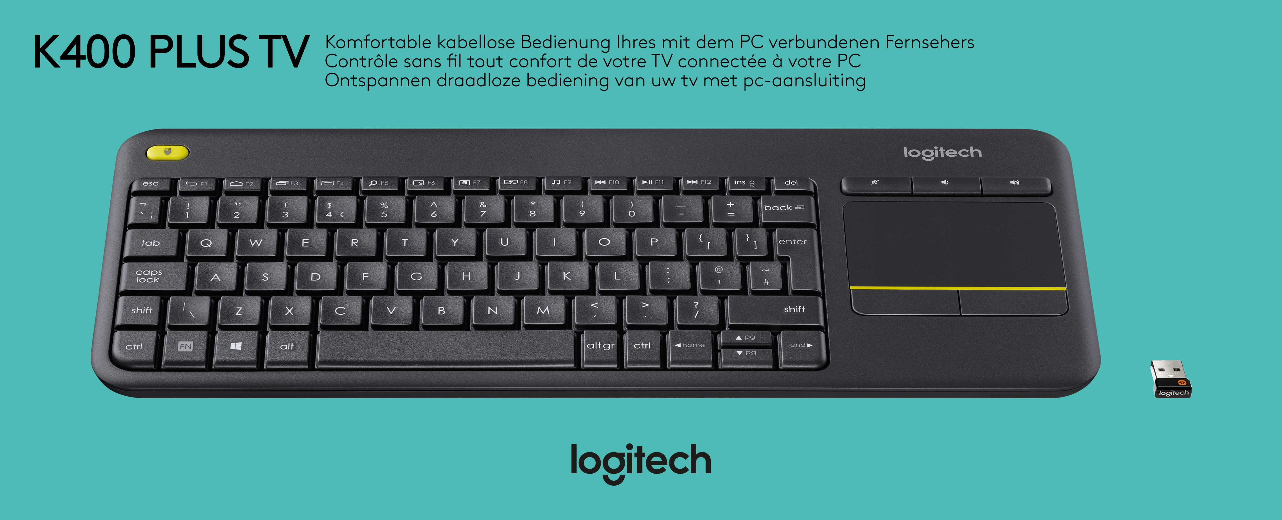 Logitech Tastatur K400, Wireless, Unifying, schwarz Plus TV, DE, Touchpad, Retail