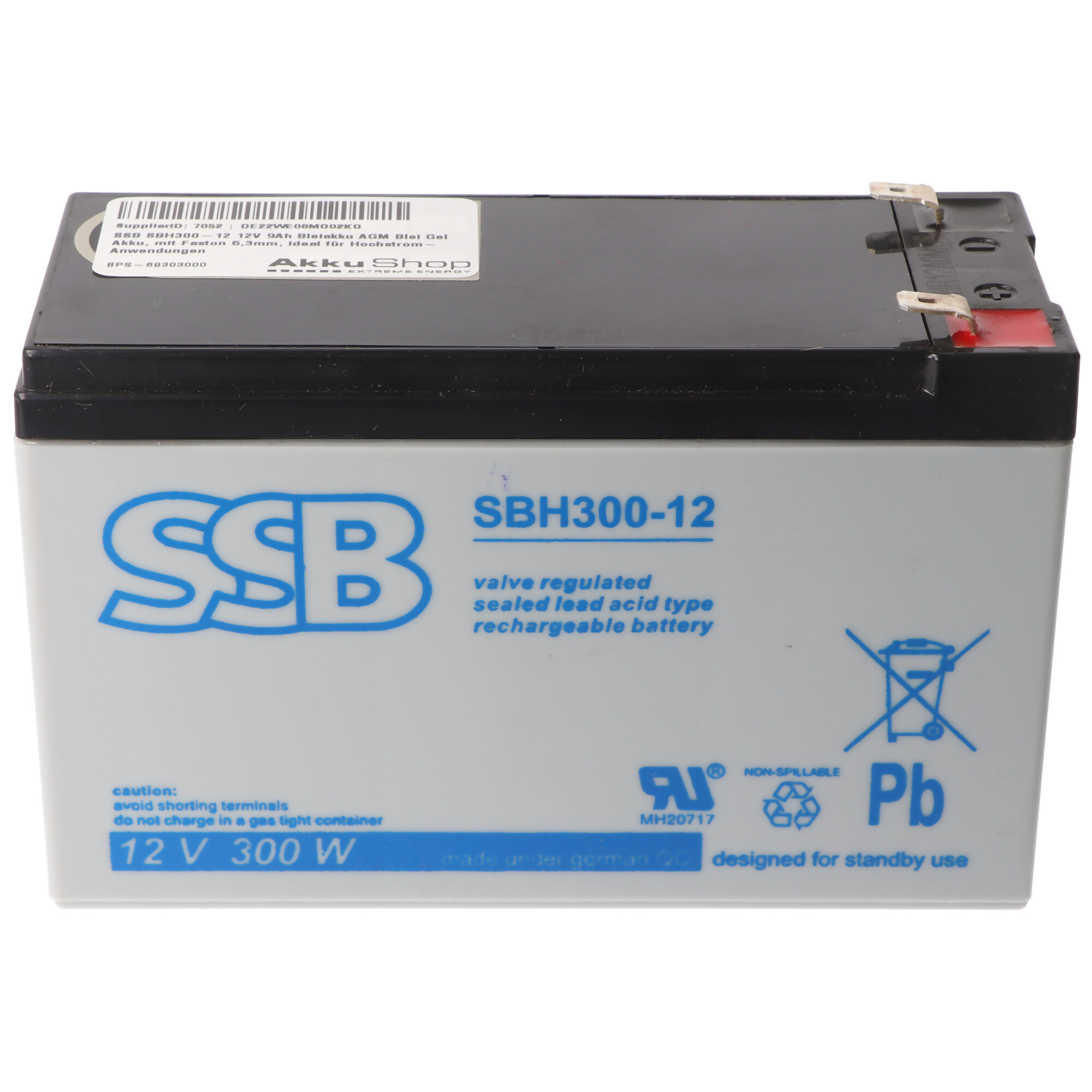 SSB SBH300-12 12V 9Ah Bleiakku AGM Blei Gel Akku, mit Faston 6,3mm, ideal für Hochstrom-Anwendungen