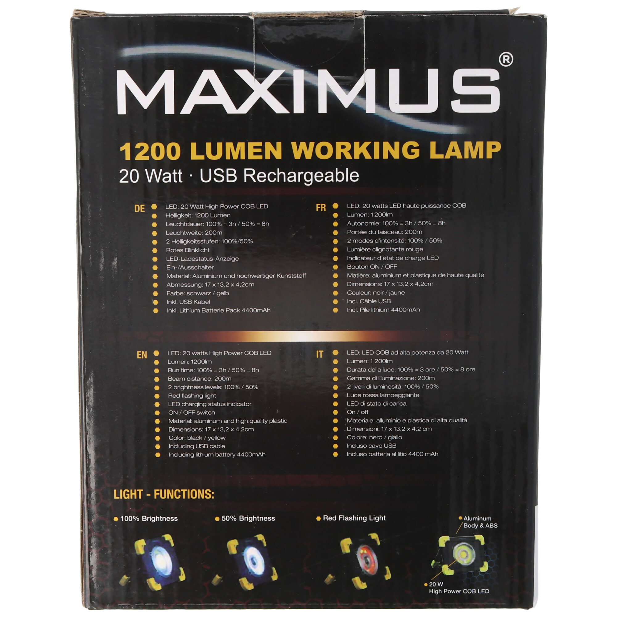 LED Baustrahler 20W max. 350lm im Kunststoffgehäuse schwarz, gelb inklusive 4400mAh Li-Ion Akku und USB-Ladekabel